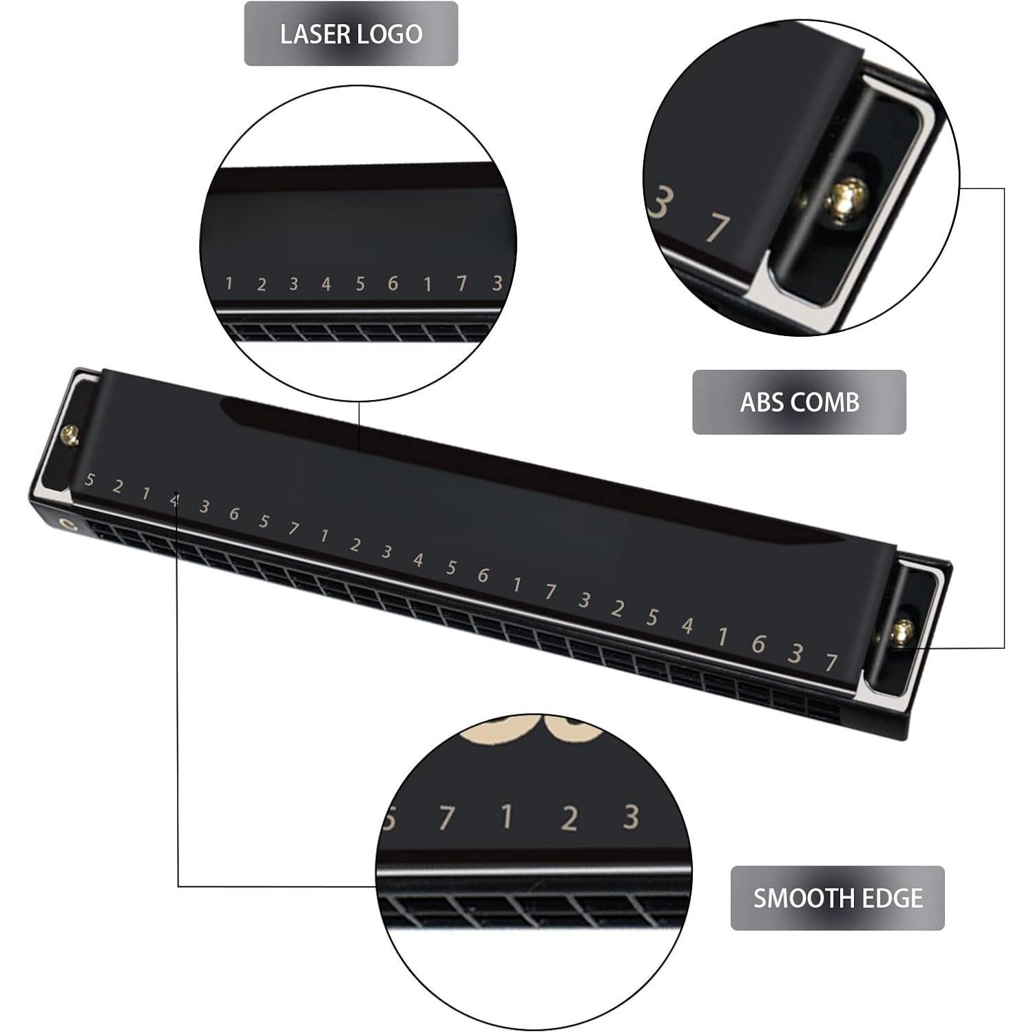Blues Harmonica 24 Hole C Key with Case, Mouth Organ Harp, Diatonic Harmonica for Beginner, Adult, Professional, Students, , Gifts, Black