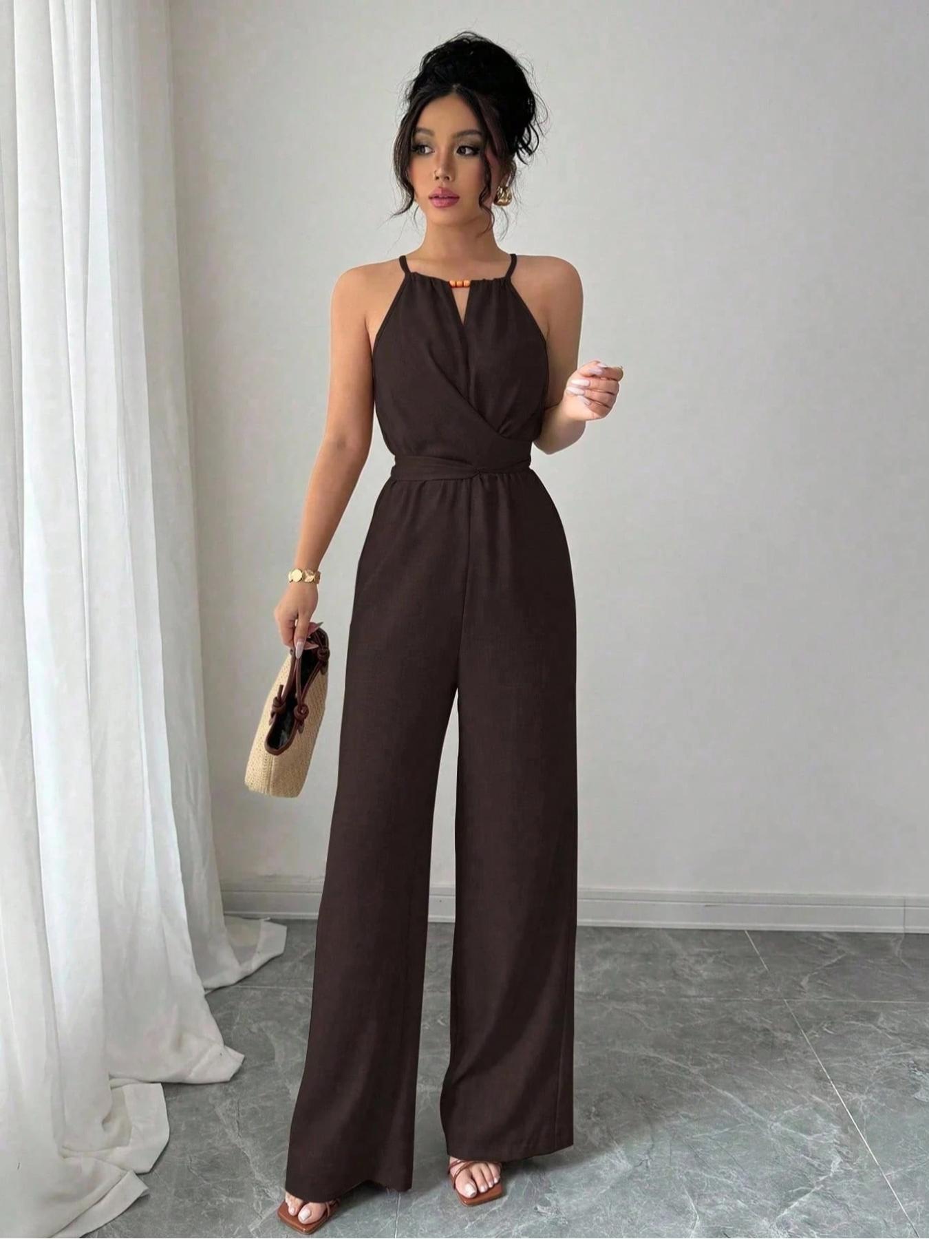 Elegant Women's Solid Color Beaded Jumpsuit, Womenswear, Perfect for Parties and Formal Occasions, Sleeveless Design for Layering