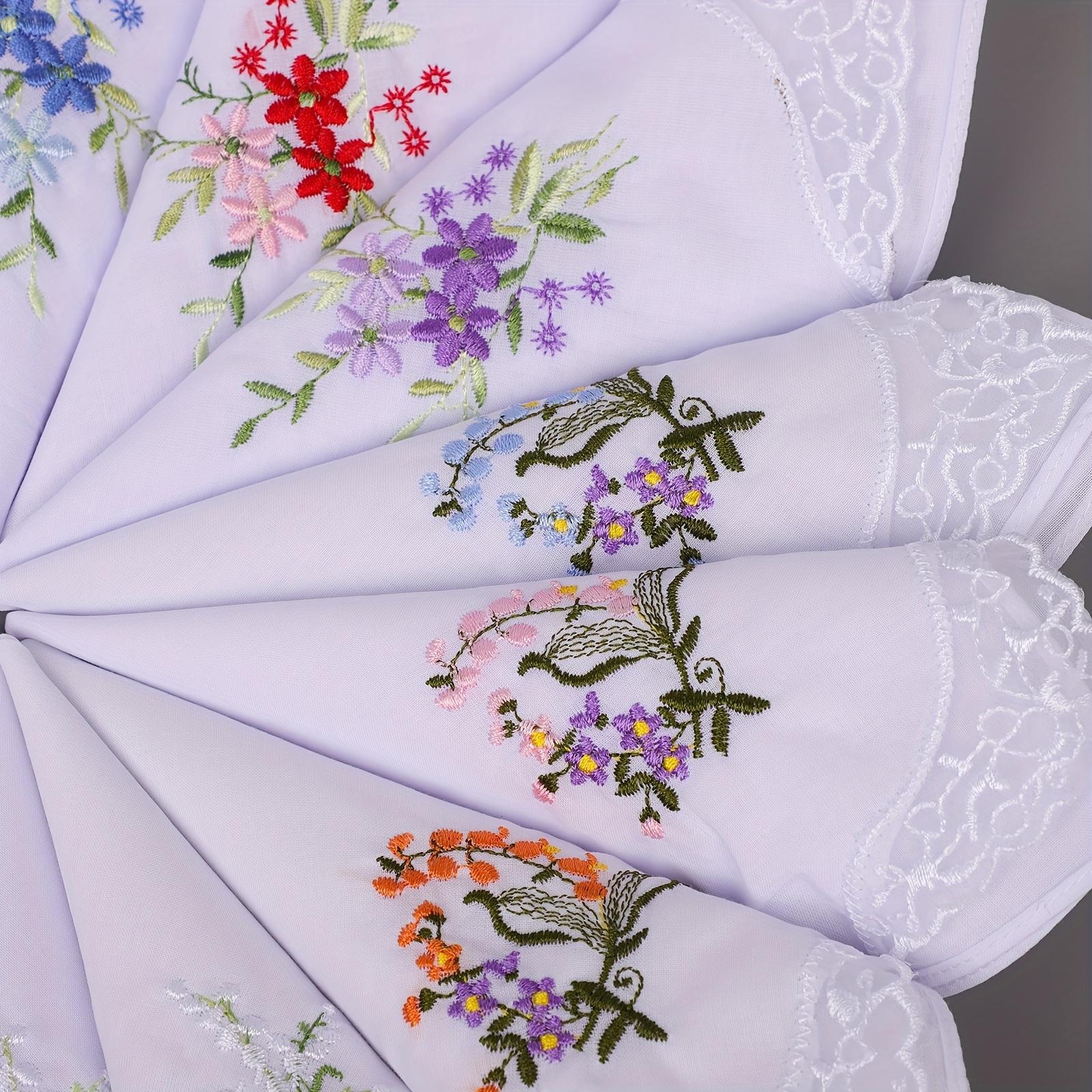 Packs of 10, 20, or 30: Women's Floral Handkerchiefs with Vintage Embroidery and Lace Pure white with an embroidered floral pattern