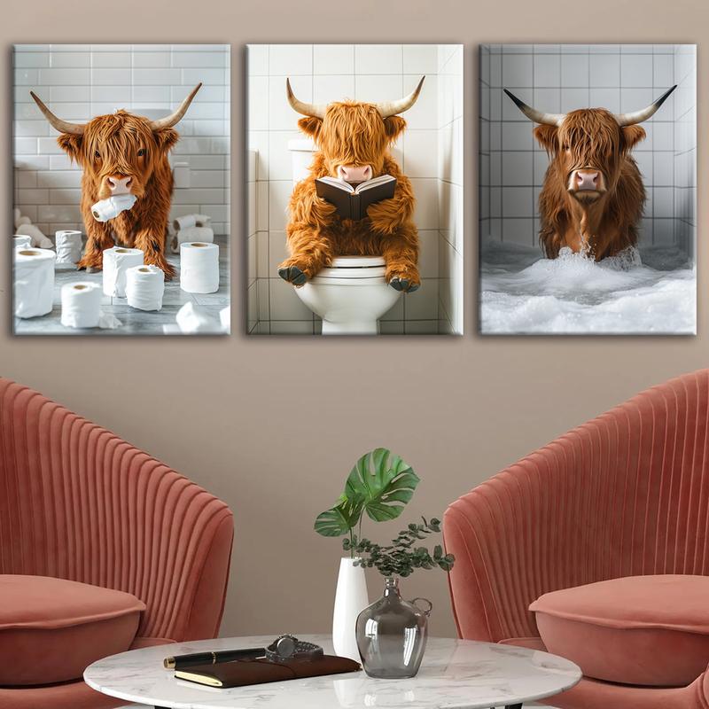 Highland Cow Pattern Canvas Framed Painting, 3 Counts Modern Wall Art Painting, Wall Art Decor for Home Interior Living Room Bedroom Office, Ornaments, Indoor Decoration #TOP PICKS