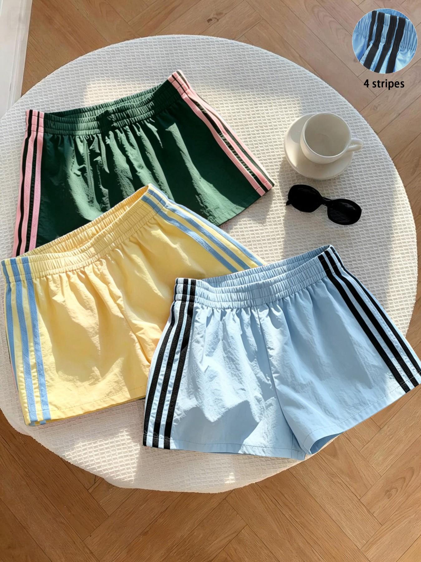 Women's Summer Striped Lightweight Athleisure Shorts, Elastic Waist Loose-Fit Workout Shorts, Casual Beachwear, Multiple Colors Available, Loose Sporty Shorts