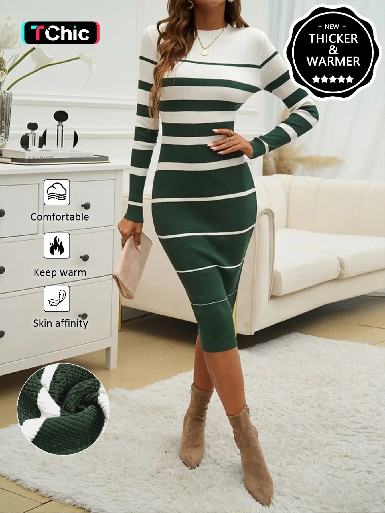 Women's Striped High Neck Knitted Midi Dress, Long Sleeve Slim Fit Winter Sweater Dress, Casual Office Party Wear, Bodycon Tight Bottom Dress