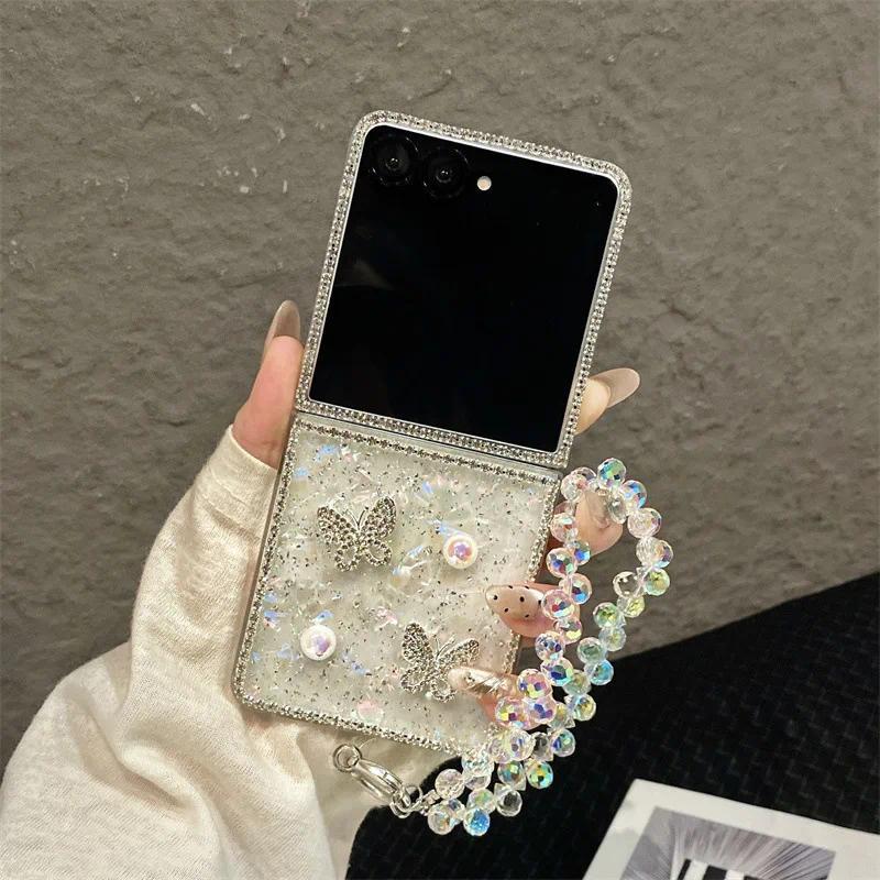 Luxury 3D Butterfly Diamond Shell Pattern Phone Case For Samsung Galaxy Z Flip 3 4 5 6 7 FE With Wrist Chain Shockproof Cover