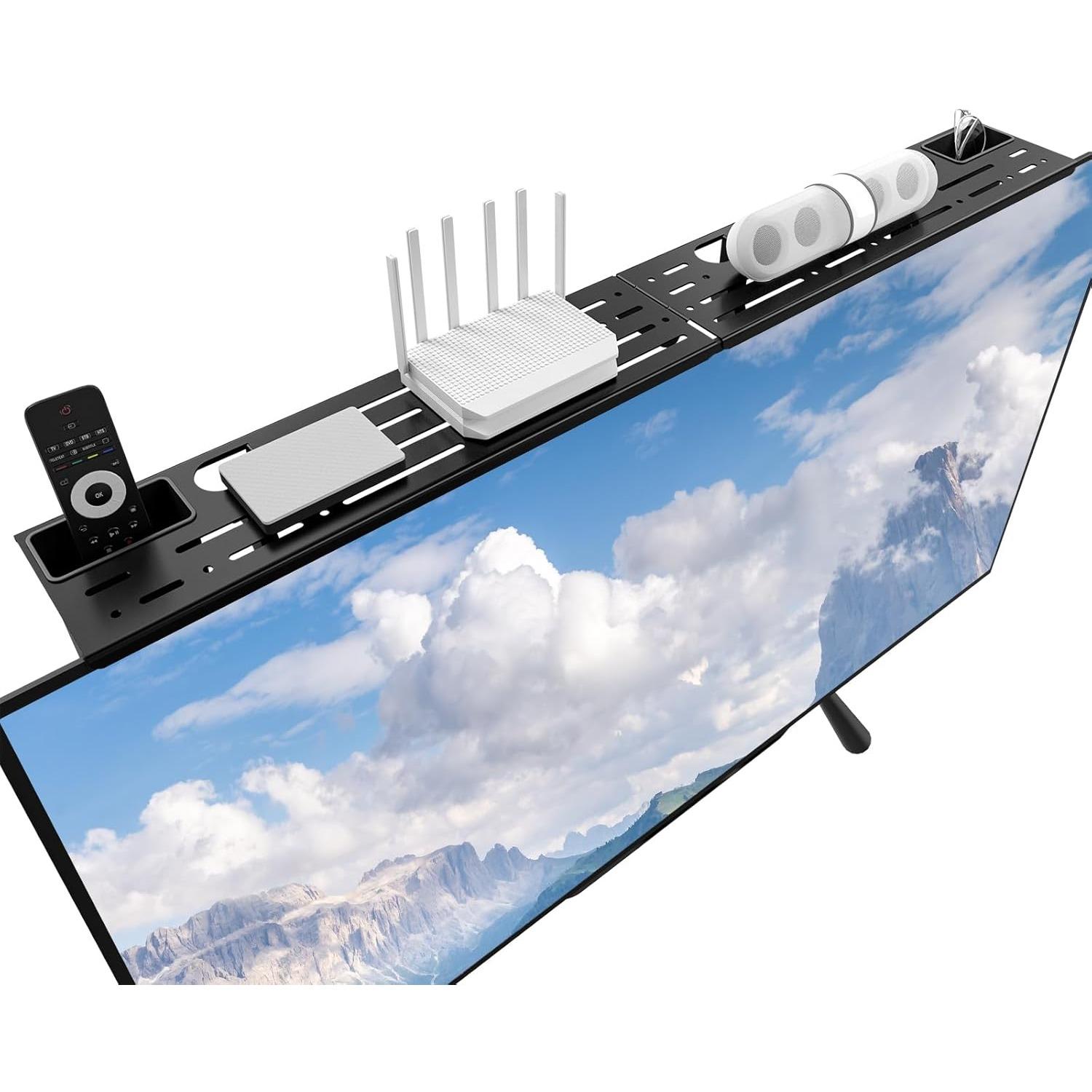 1pc Adjustable TV Top Shelf with 2 Storage Boxes Heavy-Duty Floating Design Space-Saving Media Console Compatible with Speakers Game Consoles Ideal for Home Entertainment Setup