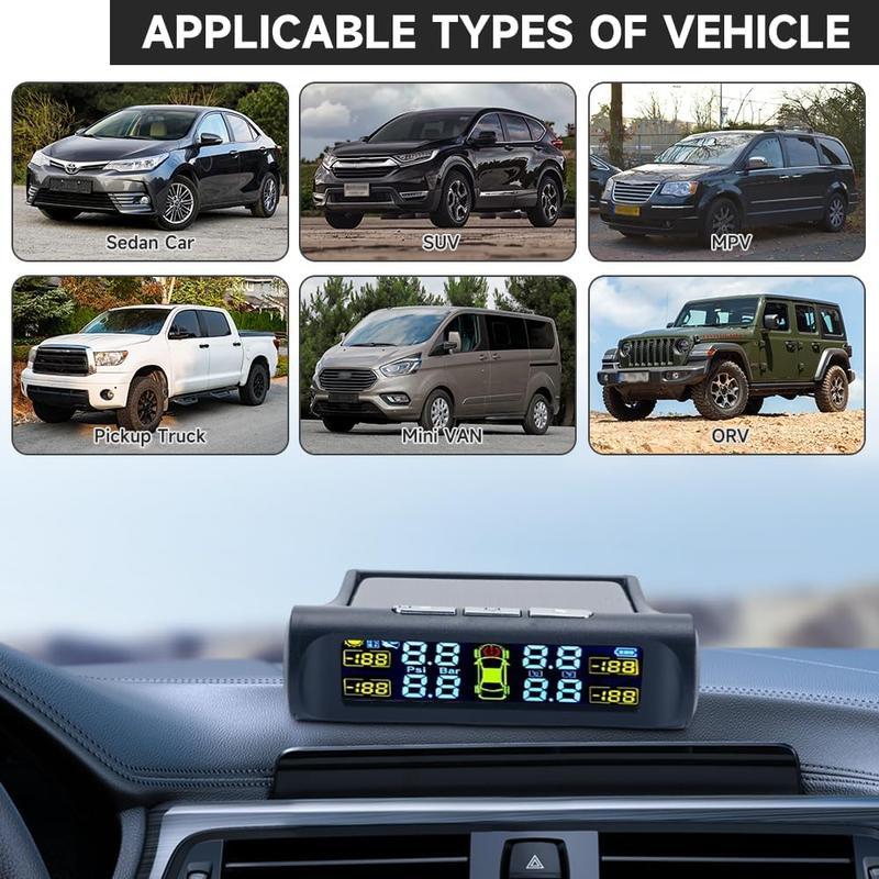 Solar Car Tire Pressure Monitoring System, Wireless TPMS with LCD Display, Real Time Tire Pressure Gauge, Replacement Valve Included