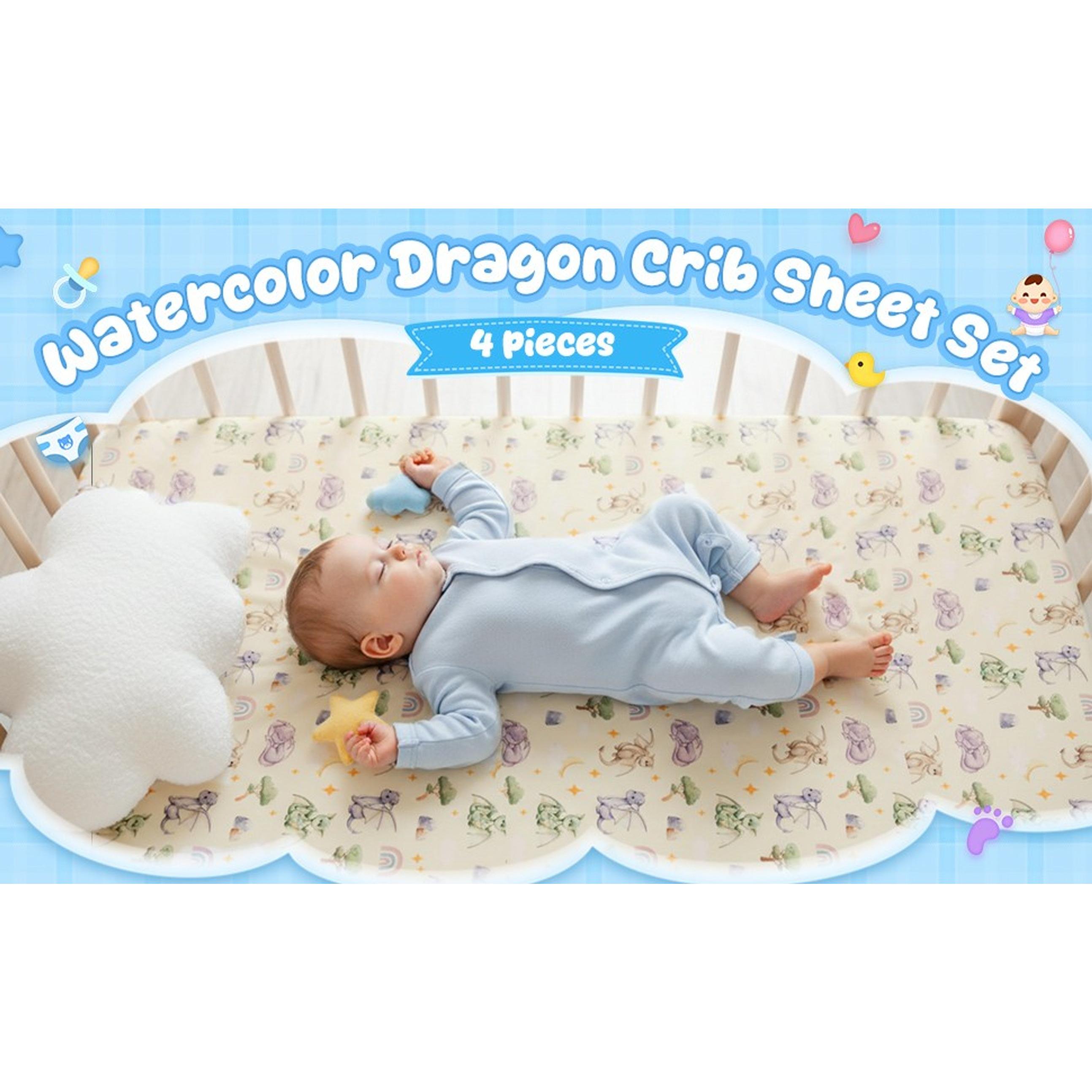 4 Pcs Watercolor Dragon Crib Sheet Set Newborn Bedding Nursery Baby Sheets for Girl Boys Baby Gifts for Standard Crib and Toddler Mattresses, 52 x 28 x 8 Inches