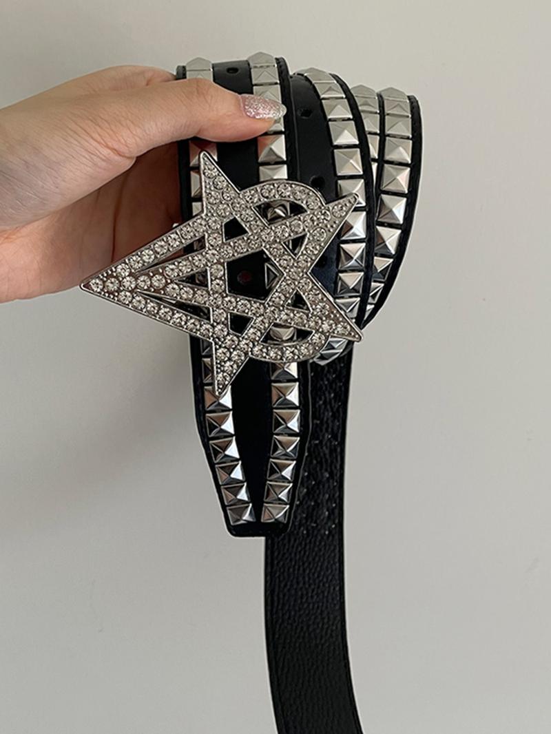 1pc Men's Punk Rivet Belt, Women's Star Rhinestone Gothic Eyelet Hollow Out Leather Belt, Daily Wear Fashion Accessory