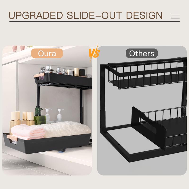 Metal Slide out Under Sink Organizers and Storage Shelves, Adjustable Pull Out Under Cabinet Organizer Shelf, Under Sink Storage for Kitchen/Bathroom