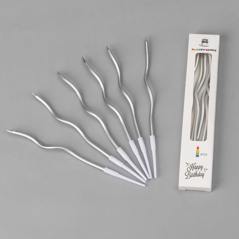 6Pcs/Box Spiral Twisted Birthday Cake Candles - Curved Gold/Silver Metallic Cake Toppers, Elegant Arch Candles for Birthdays, Weddings, Festivals & Party Decorations