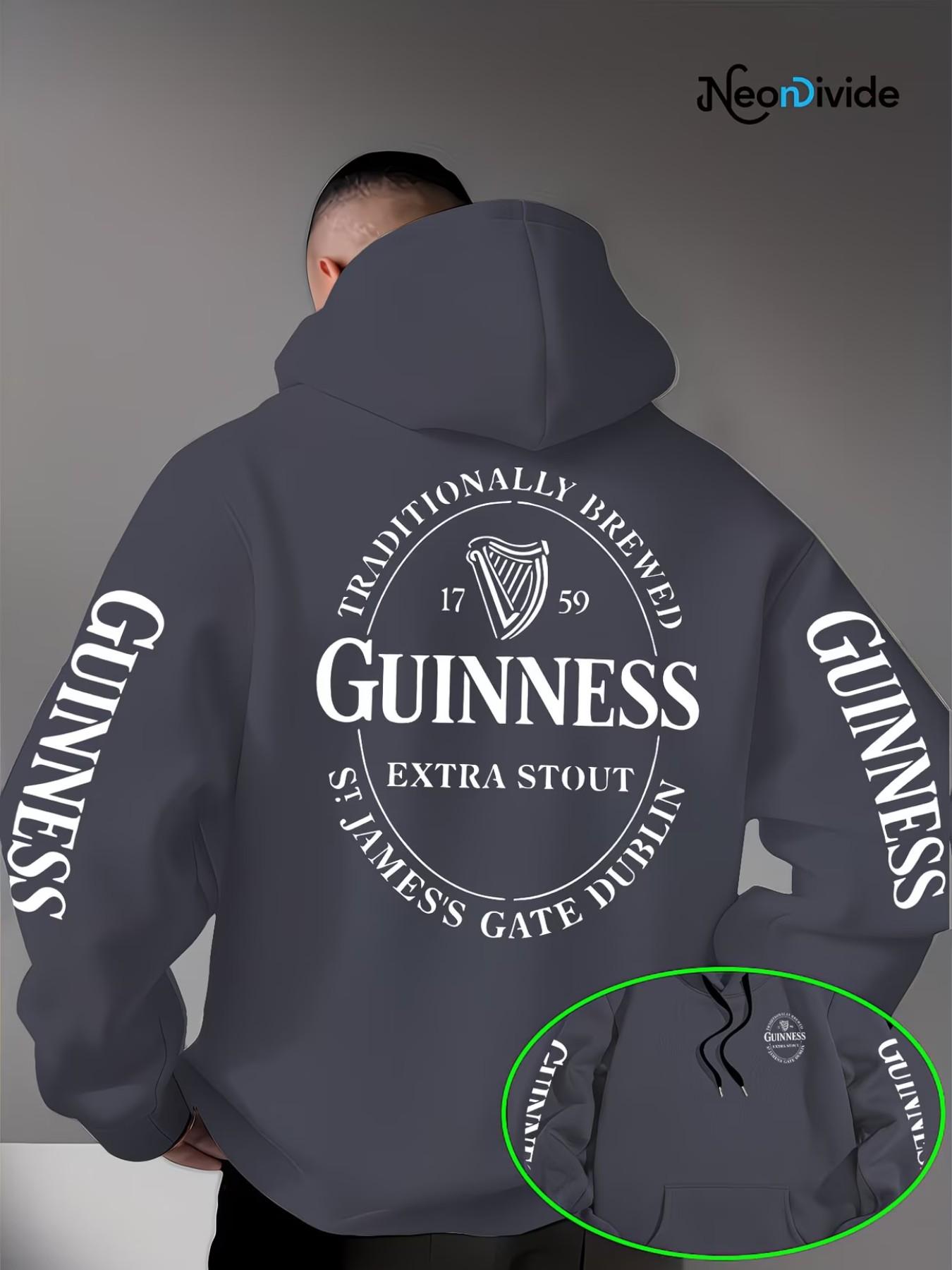 Trendy Men's Guinness Print Hoodie, Drawstring Kangaroo Pocket Design, Loose Fit, Lightweight Knit, Fall Winter Streetwear