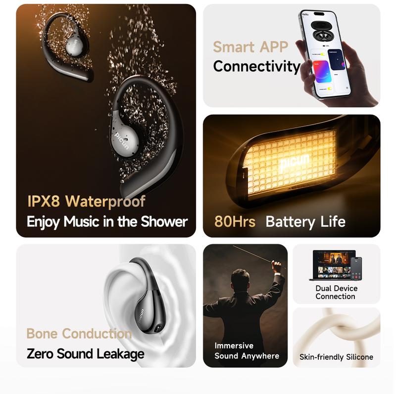 Picun T61 Wireless Bone Conduction Headphones, OWS Open Ear Earbuds with Earhooks, Bluetooth 5.4, Deep Bass, Lightweight & Sturdy, 25Hrs Playtime, IPX6 Waterproof, for Cycling Yoga Gym Workouts