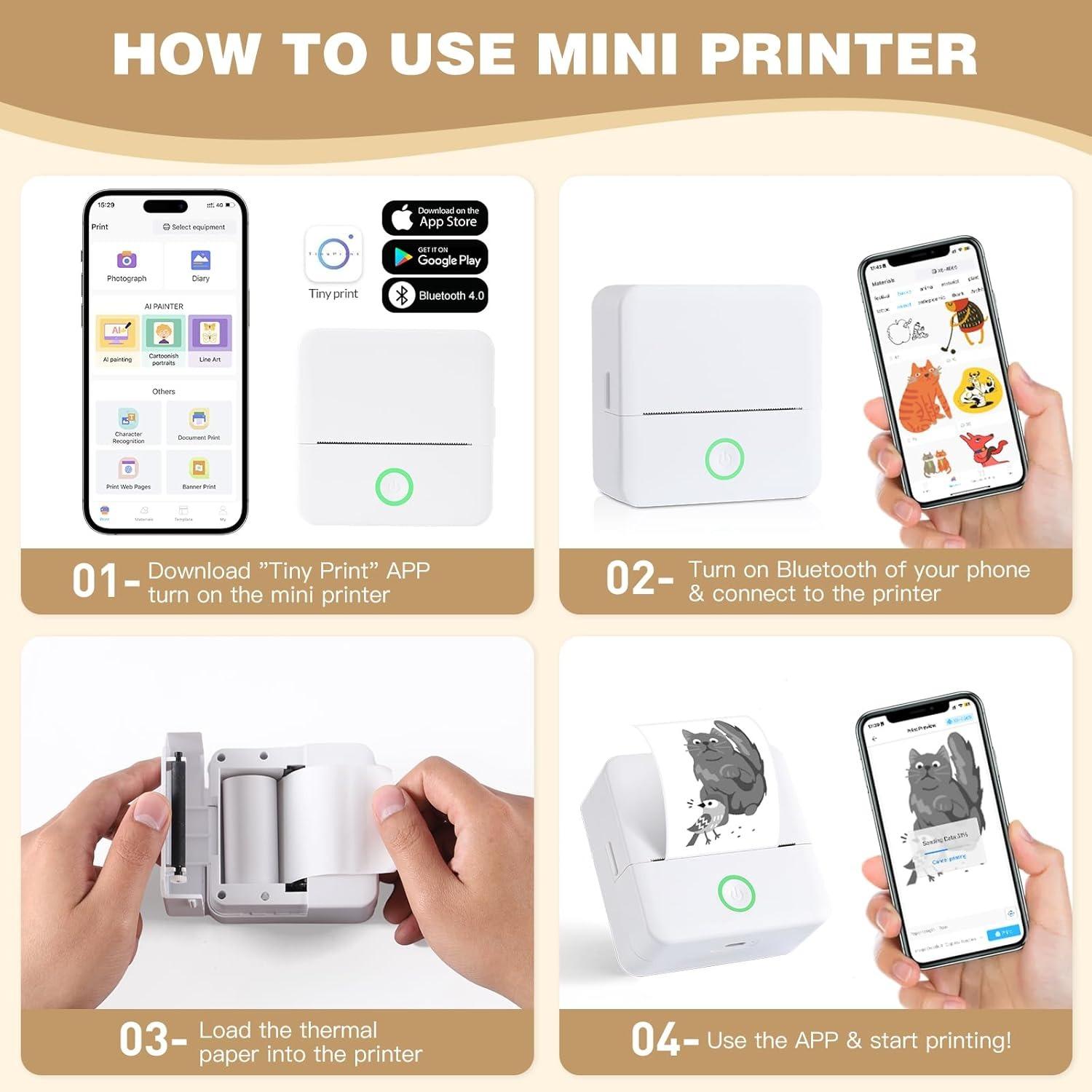 Portable Wireless Mini Printer with 10 Rolls Paper, Thermal Sticker Maker, Pocket Phone Printer for Notes, DIY Printing, iOS & Android Compatible