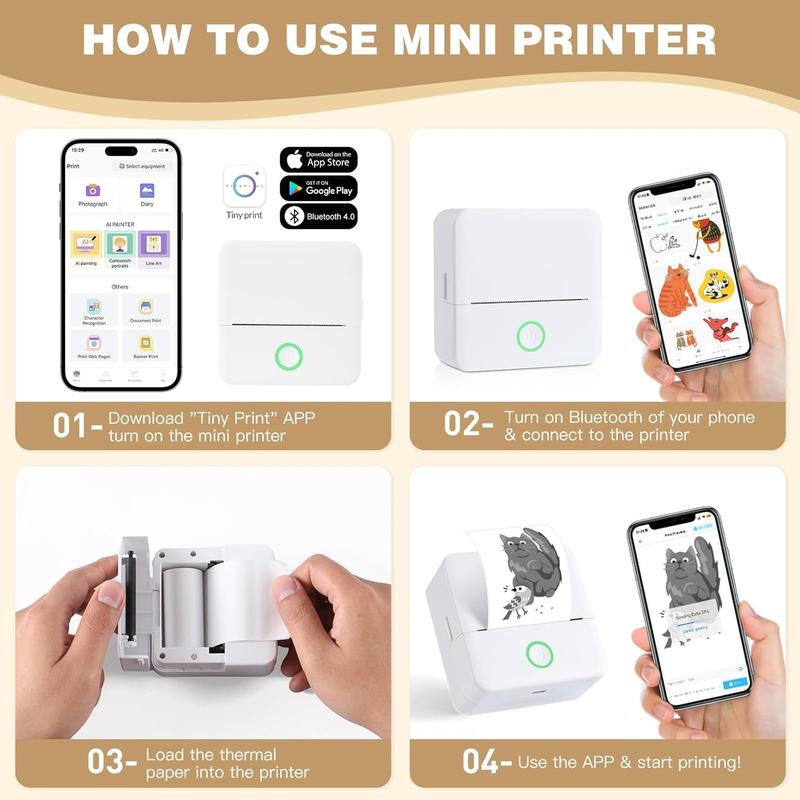 Portable Wireless Mini Printer with 10 Rolls Paper, Thermal Sticker Maker, Pocket Phone Printer for Notes, DIY Printing, iOS & Android Compatible