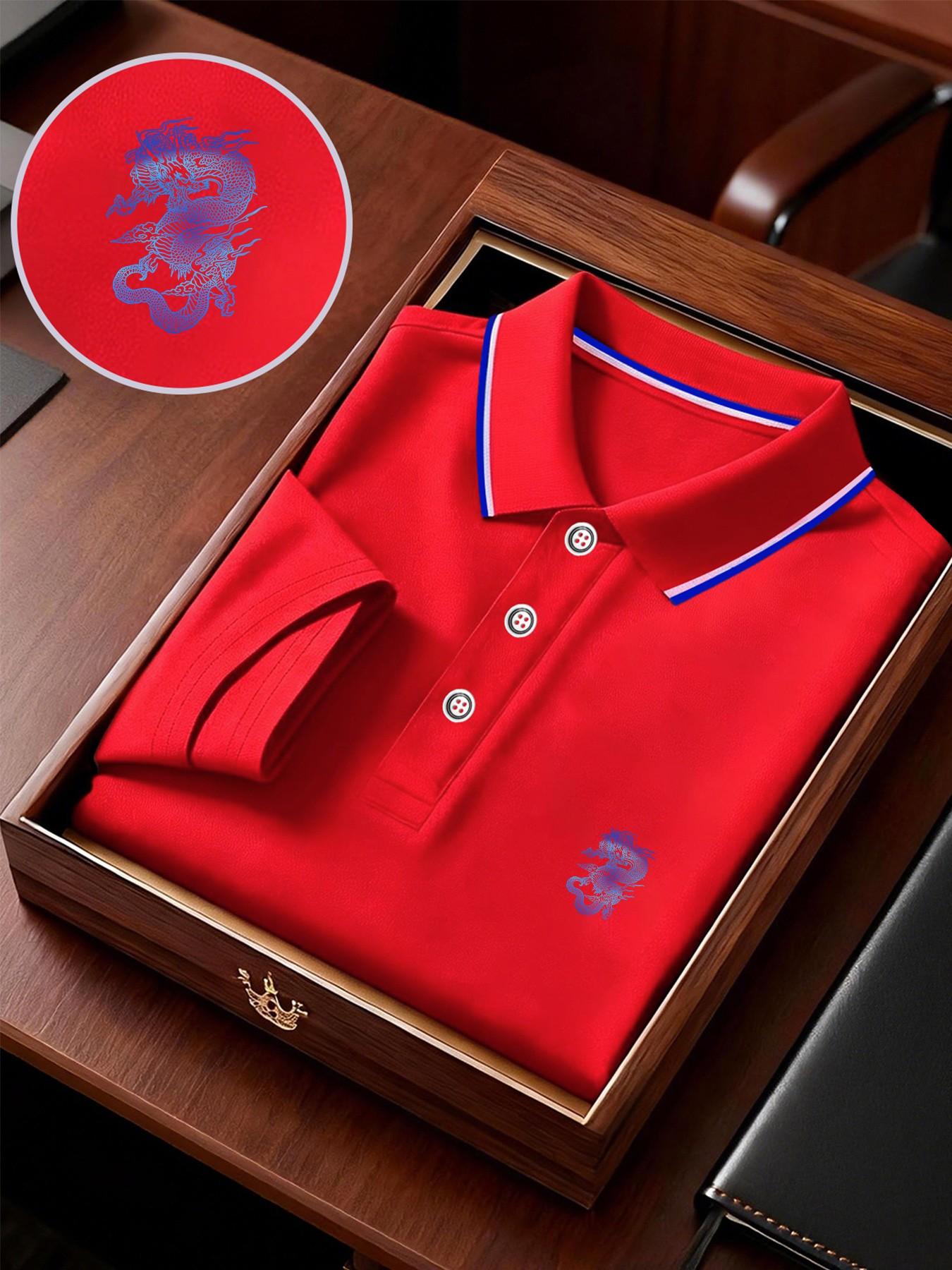 Men's Geometric Print Polo Shirt, Loose-Fit Short Sleeve, Breathable Elastic Fabric, Casual Business Tee, Spring Summer Outdoor Wear