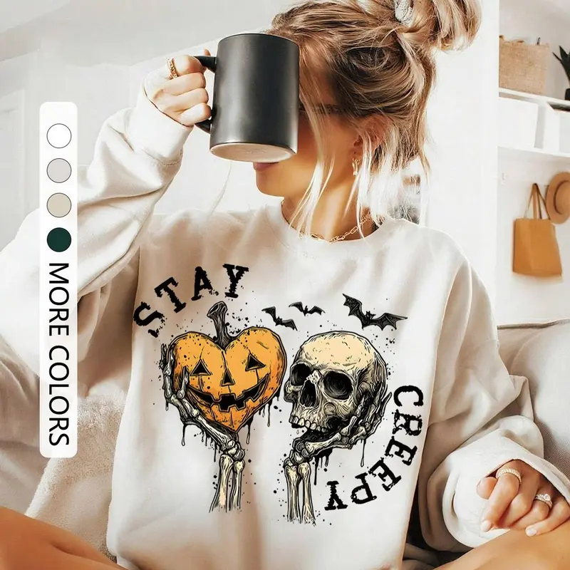 Halloween Women's Pullover Sweater, Skull Pumpkin Bat Print, Aesthetic Graphic Pullover, Drawstring Drop Shoulder Design, Casual Loose Fit, Perfect Spring & Fall Layering Sweatshirt