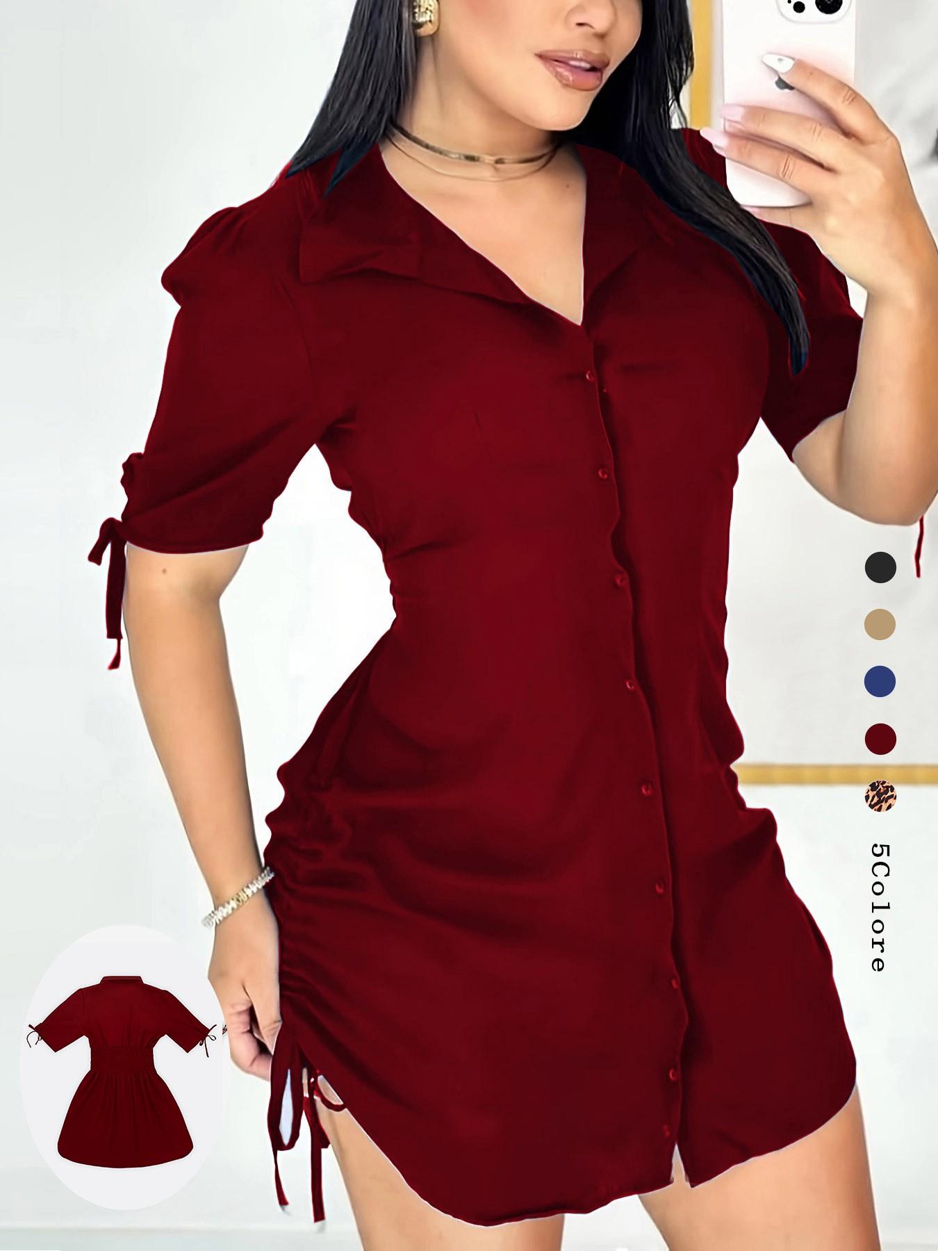 Women's Solid Color Shirt Collar Button Front Dress, Casual Short Sleeve Curved Hem Dress for Daily Wear, Ladies Clothes for Spring & Fall