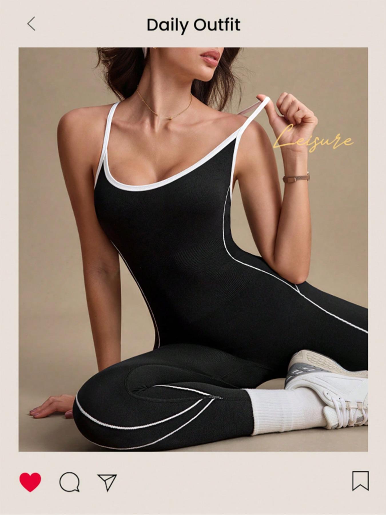 Women's Colorblock U Neck Adjustable Strap High Elastic Yoga Jumpsuit, Sporty Sleeveless Fitness, All Season Comfortable Wear, Workout Jumpsuit, Tummy Control Jumpsuit
