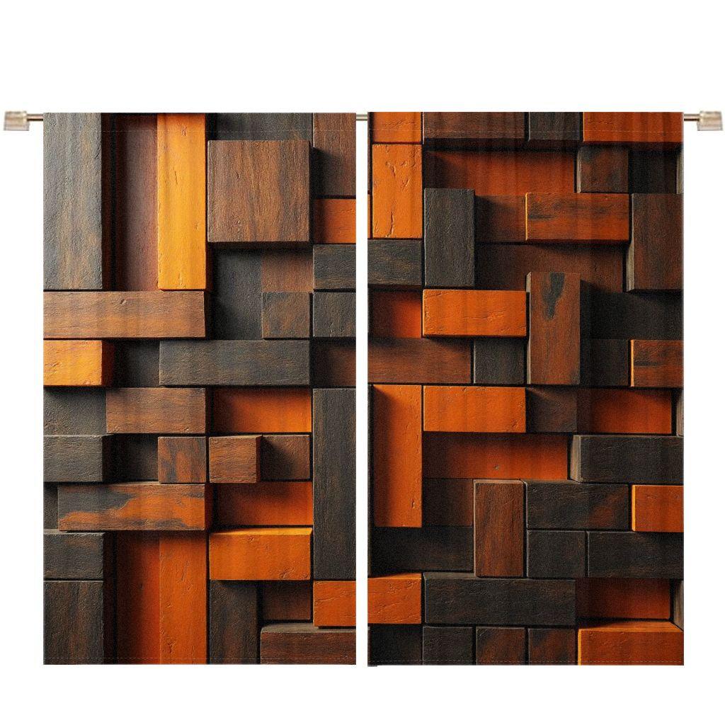 2pcs Window Curtains, Room Decor Curtain, A dynamic, 3D pattern crafted from rectangular blocks in varying shades of dark brown, grey. The textured surface evokes wood or stone, Window Drapes for Bedroom Living Room, Rod Pocket Window Treatment