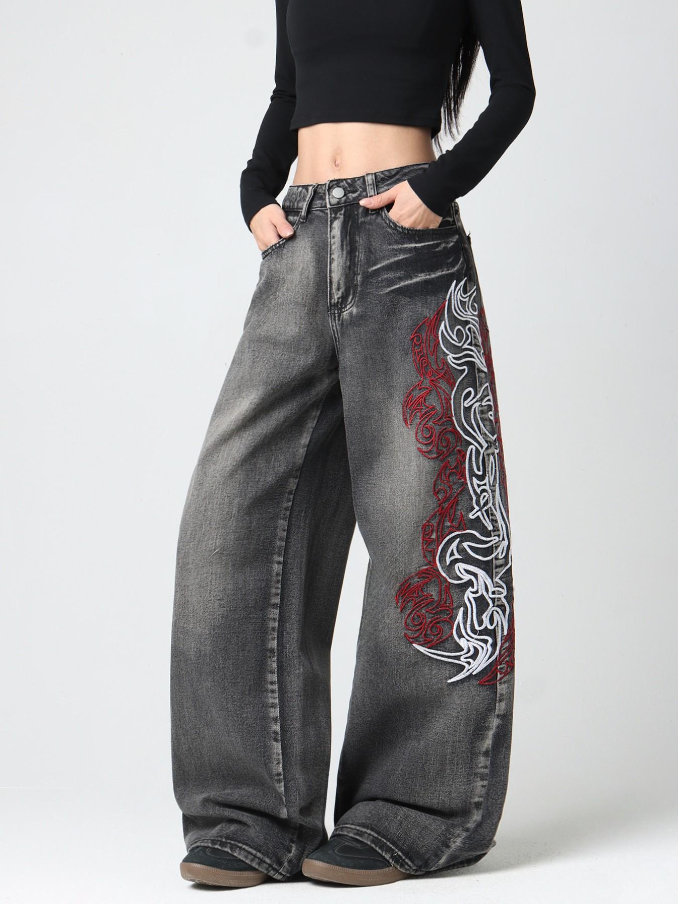 Women's Totem Embroidered Jeans, American Street Style, Comfortable Loose Fit, Trendy Wide Leg Pants, Fashionable All-Season, Casual Comfy Denim, Embroidered Denim Pants, Denim Clothing