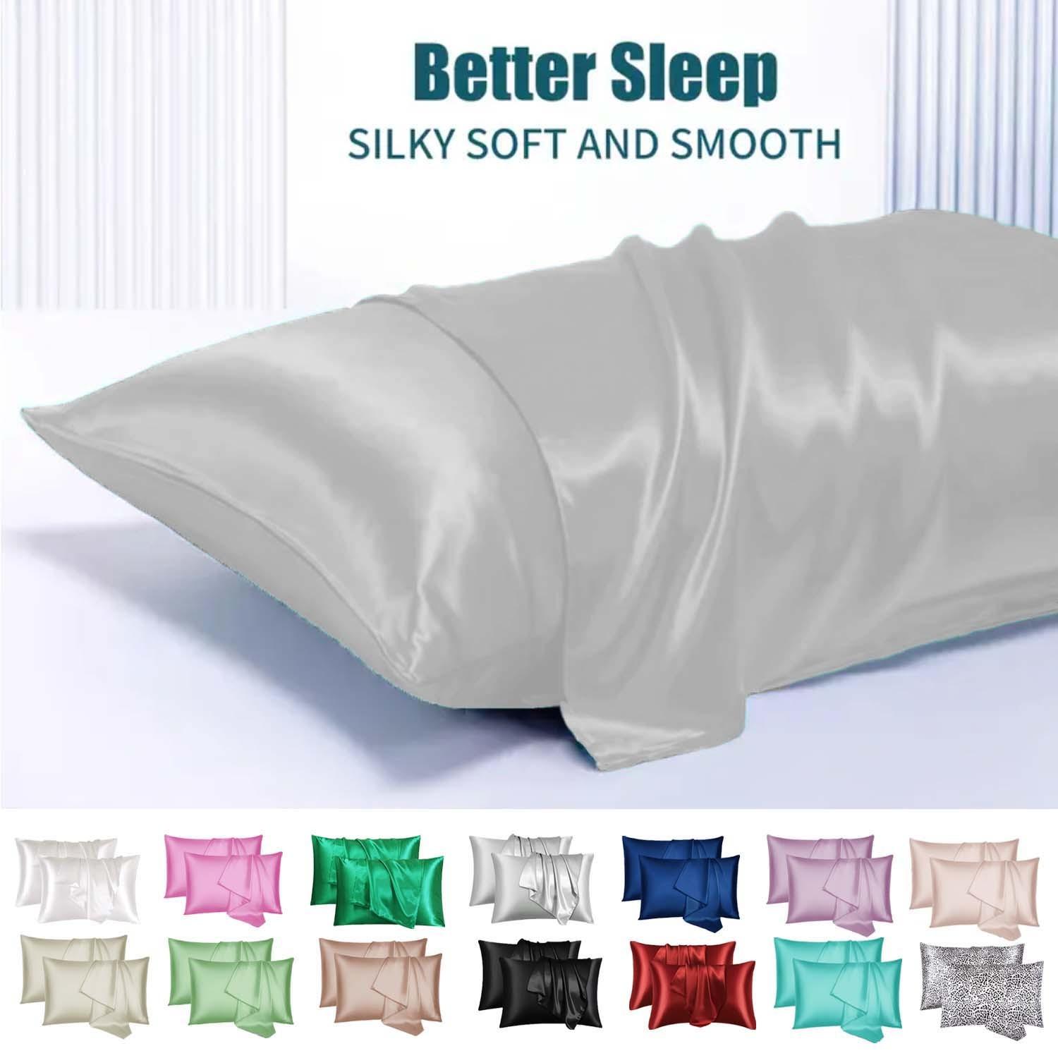 Set of 2 solid-color satin pillowcases, modern and minimalist, soft and comfortable bedding perfect for home bedrooms and dorm rooms. These cool, silky-satin pillowcases are a carefully curated must-have—sold without filling.