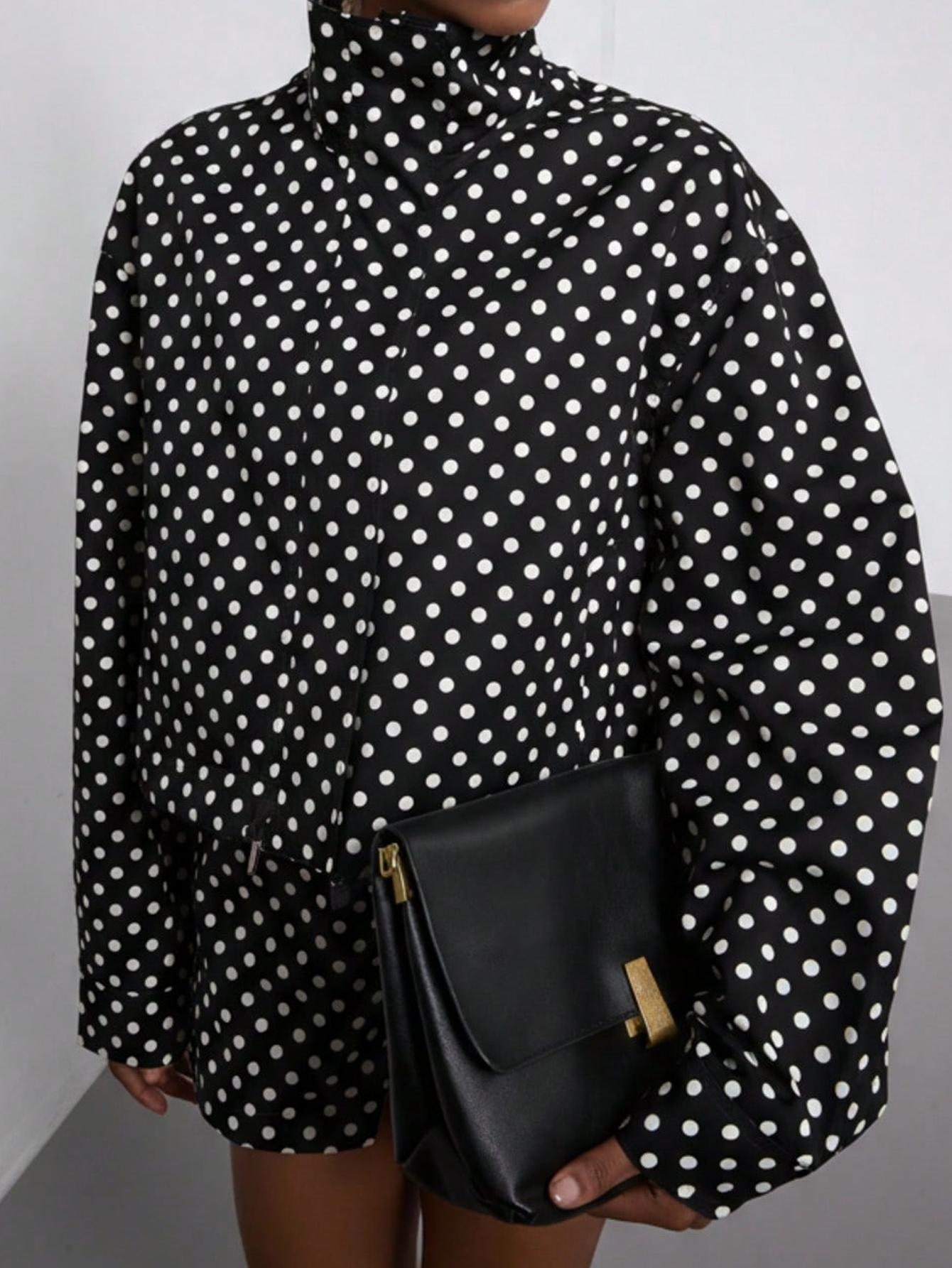 Women's Spring Fall Fashion European Style Stand Collar Vintage Polka Dot Long Sleeve Jacket Pilot Look Outerwear with Polka Dot Shorts Two-Piece Set Blazer Shorts Set