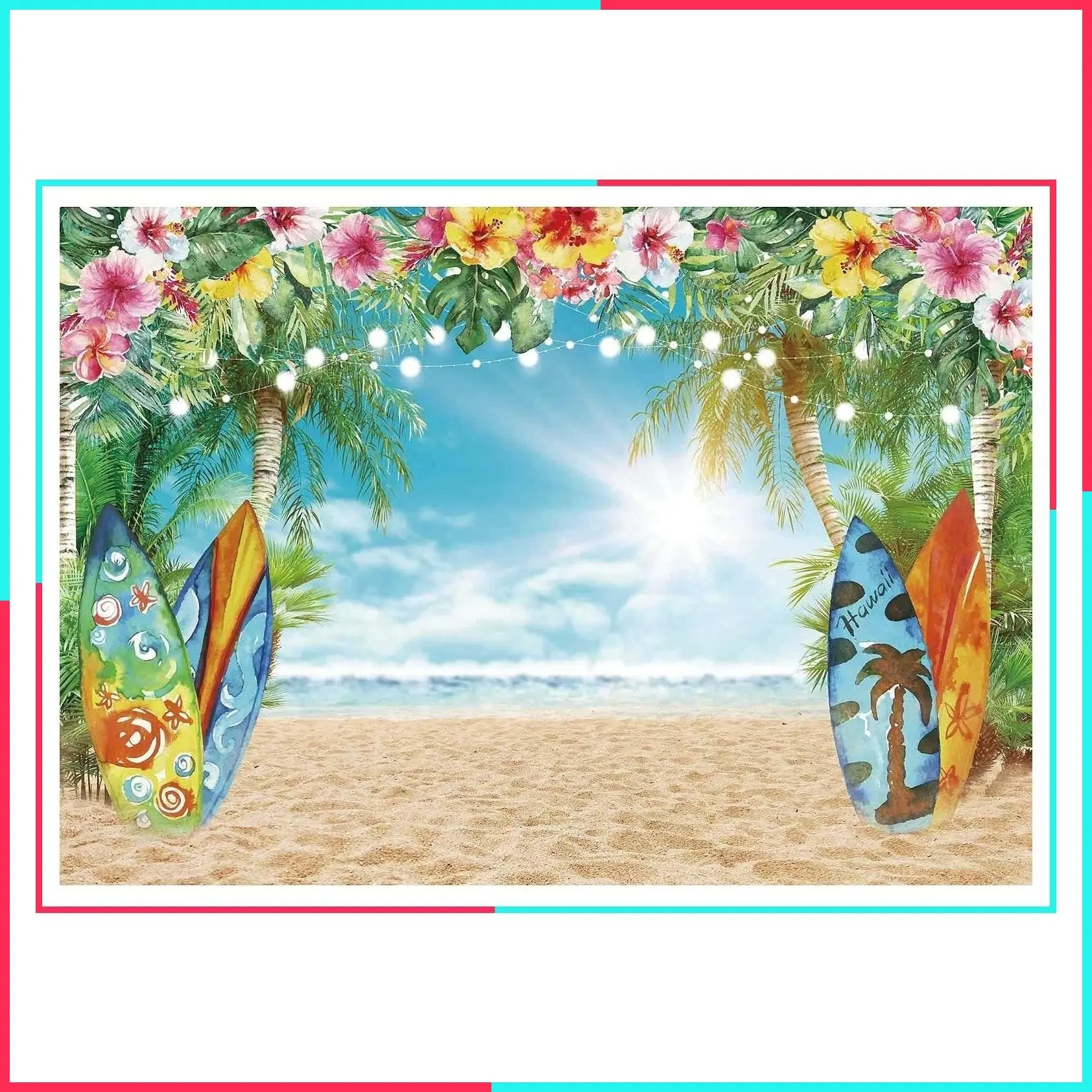 Summer Hawaiian Beach Backdrop 7x5FT Polyester Fabric Sky Ocean Tropical Flower Palm Leaves Surfboard Photography Background Luau Aloha Party Decoration Banner Photo Booth
