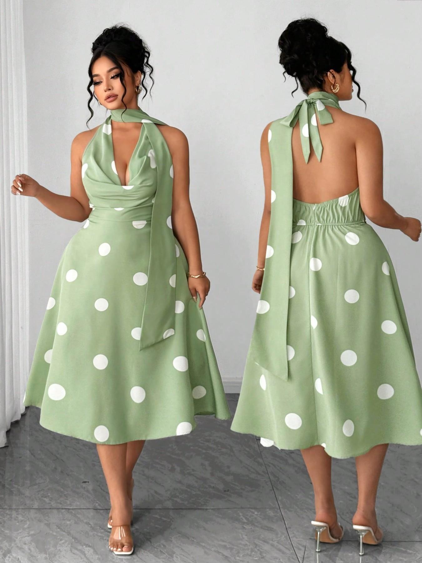 Plus Size Retro Polka Dot Halter Dress, Hepburn Style Waist Cinch Slimming Midi A-Line Dress, Vintage Fashion Women's Clothing, Casual Wear