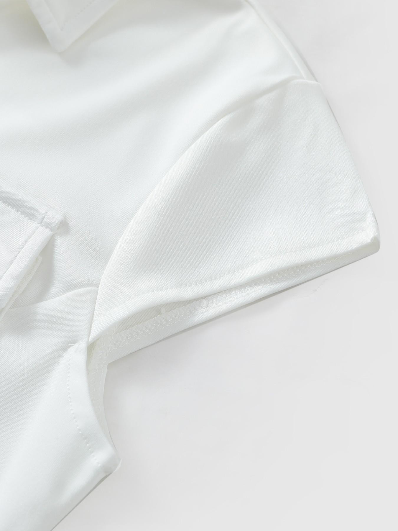 1 Pc Women's White Cropped Button Down Shirt Short Sleeve with Dual Chest Pockets Slim Fit for Casual Office Daily Wear