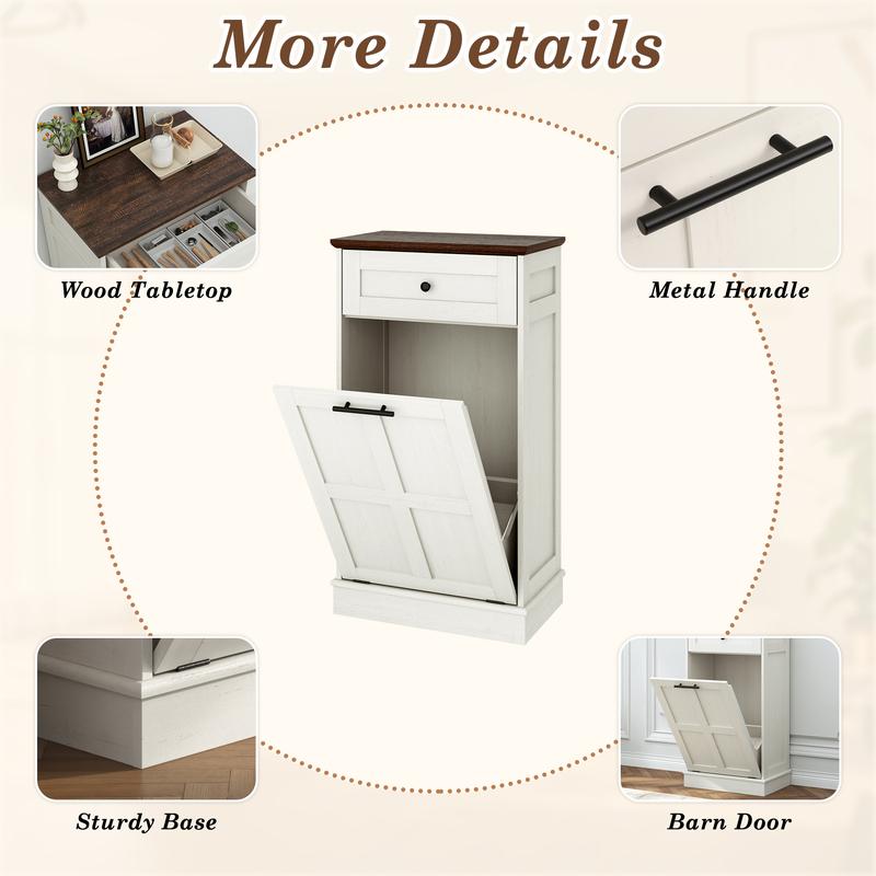 Trash Can Cabinet, 10 Gallons / 20 Gallons Farmhouse Hidden Wood Garbage Can Bin Cabinet with Drawers, Tilt Out Laundry Hamper with Laundry Storage Basket for Bathroom, Kitchen, Brown/Antique White