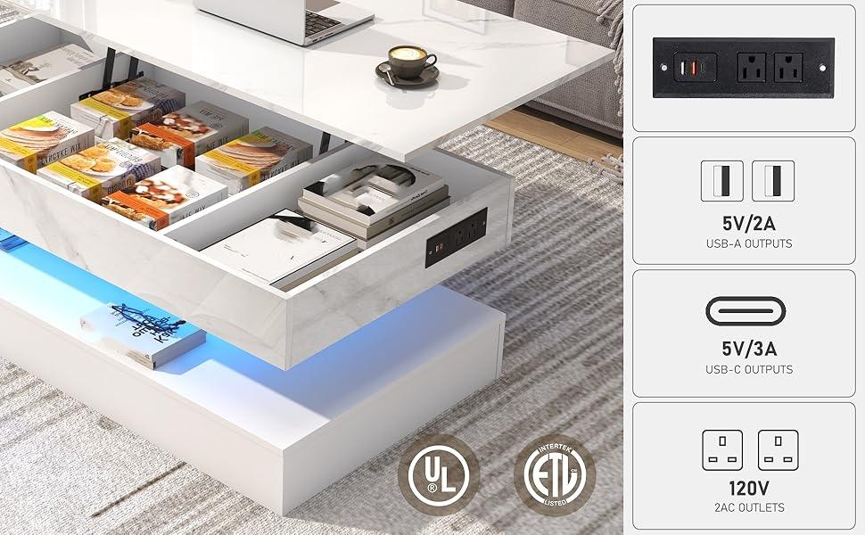 47.2" Large Lift Top Coffee Table with Charging Station, LED Modern High Glossy Center Table with Hidden Compartment Storage, White Lift Living Room Tables with Marbling Print