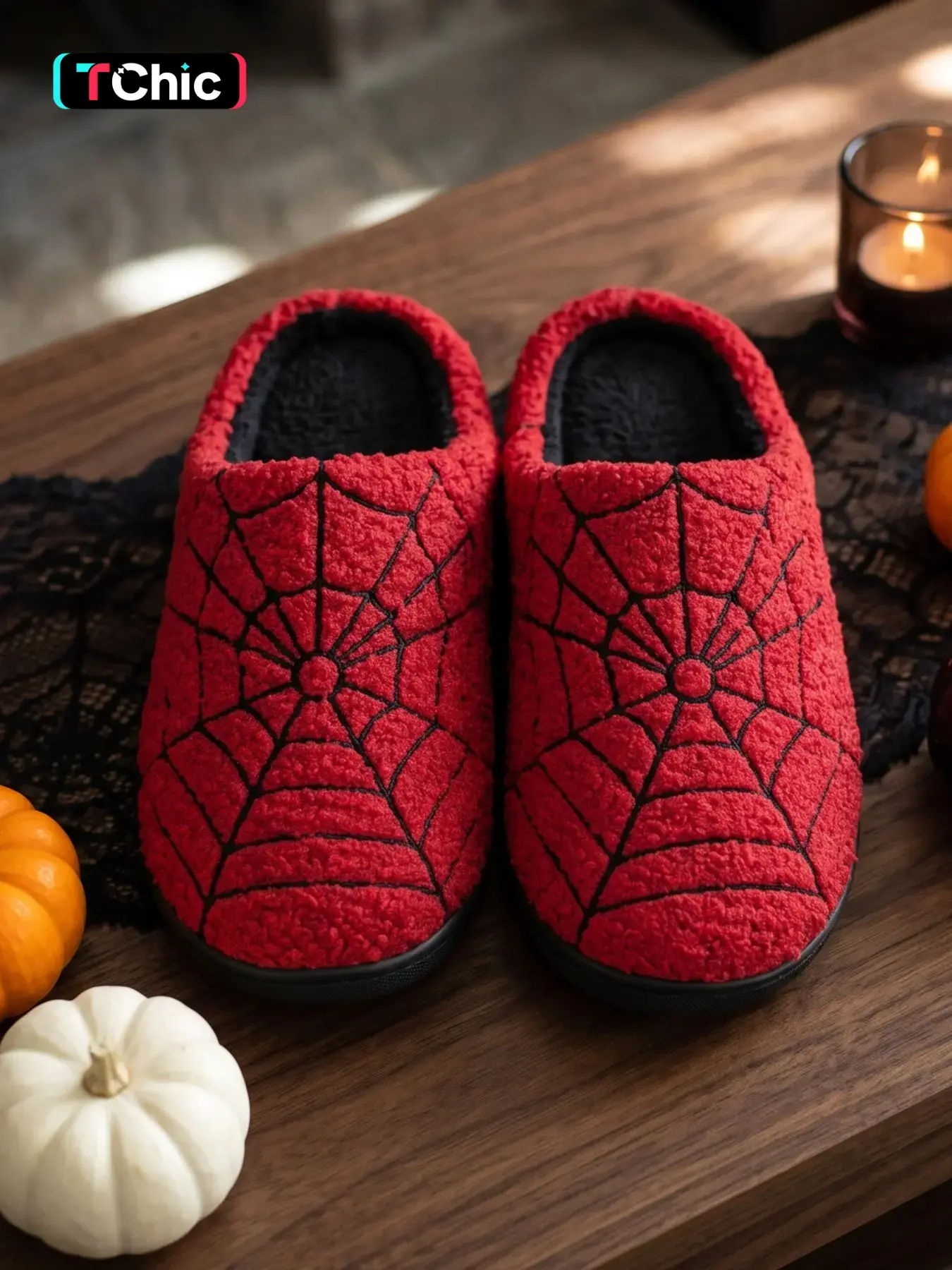 Halloween Plush Spider Web Slippers, Unisex Fall Winter Home Shoes, Embroidered Teddy Fleece, Silent Non-Slip, Indoor Outdoor Use