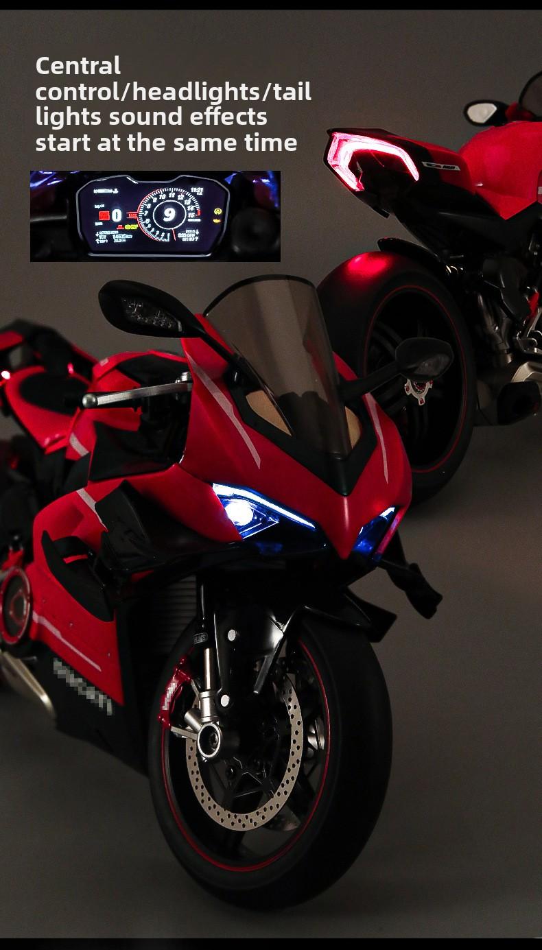 Dynamic alloy motorcycle model, 1:7 Scale ultra-light all-carbon V4, featuring realistic sound and light effects + key start, mechanical linkage design, water spray effect, abundant alloy material construction, suitable for both collection and playing.