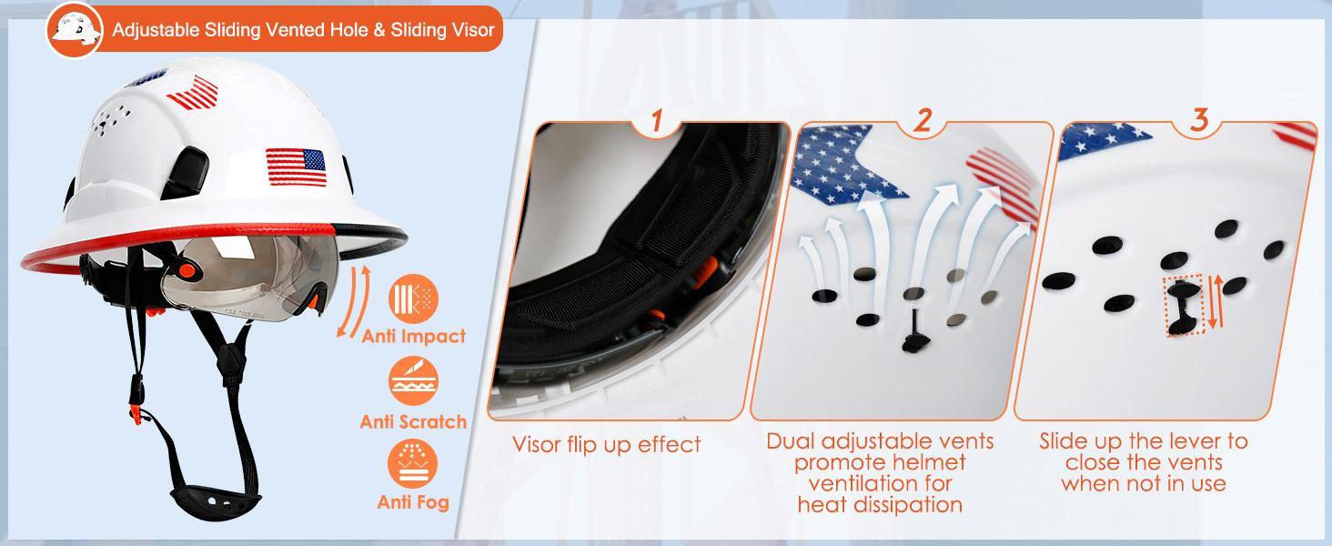 Full Brim Hard Hat with Clear Visor Cascos De Construccion Vented Hard Hat with Chin Strap Adjustable Cool Vent Work Helmet for Men Women