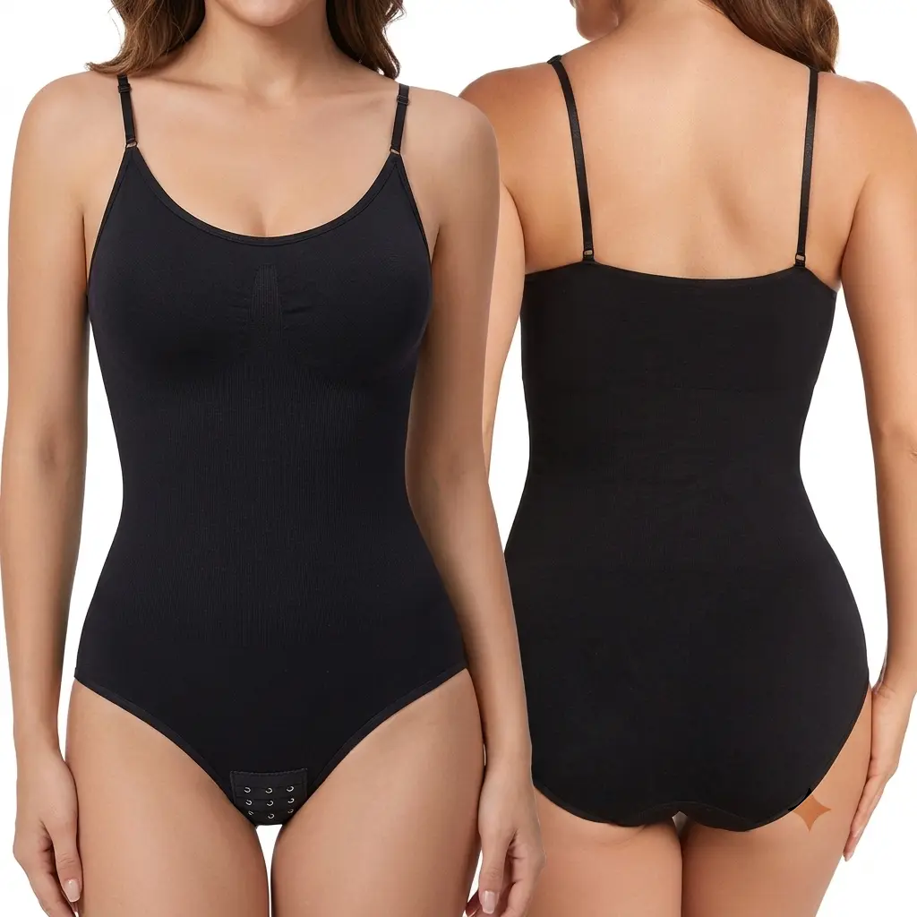 Women's Seamless Tummy Control Bodysuit - V-Neck Sleeveless Shapewear Tank Top with Adjustable Bottom Closure, Soft Everyday Fabric, Fitted Fit