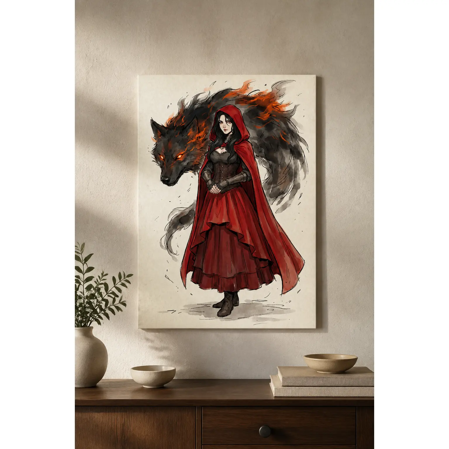 Red Cloak Girl With Fiery Black Wolf Fantasy Art poster, Vintage Ink Sketch Character Illustration wall decor for Living Room Bedroom Study Room, Retro Paper Texture Canvas Art, Mysterious Home Decor