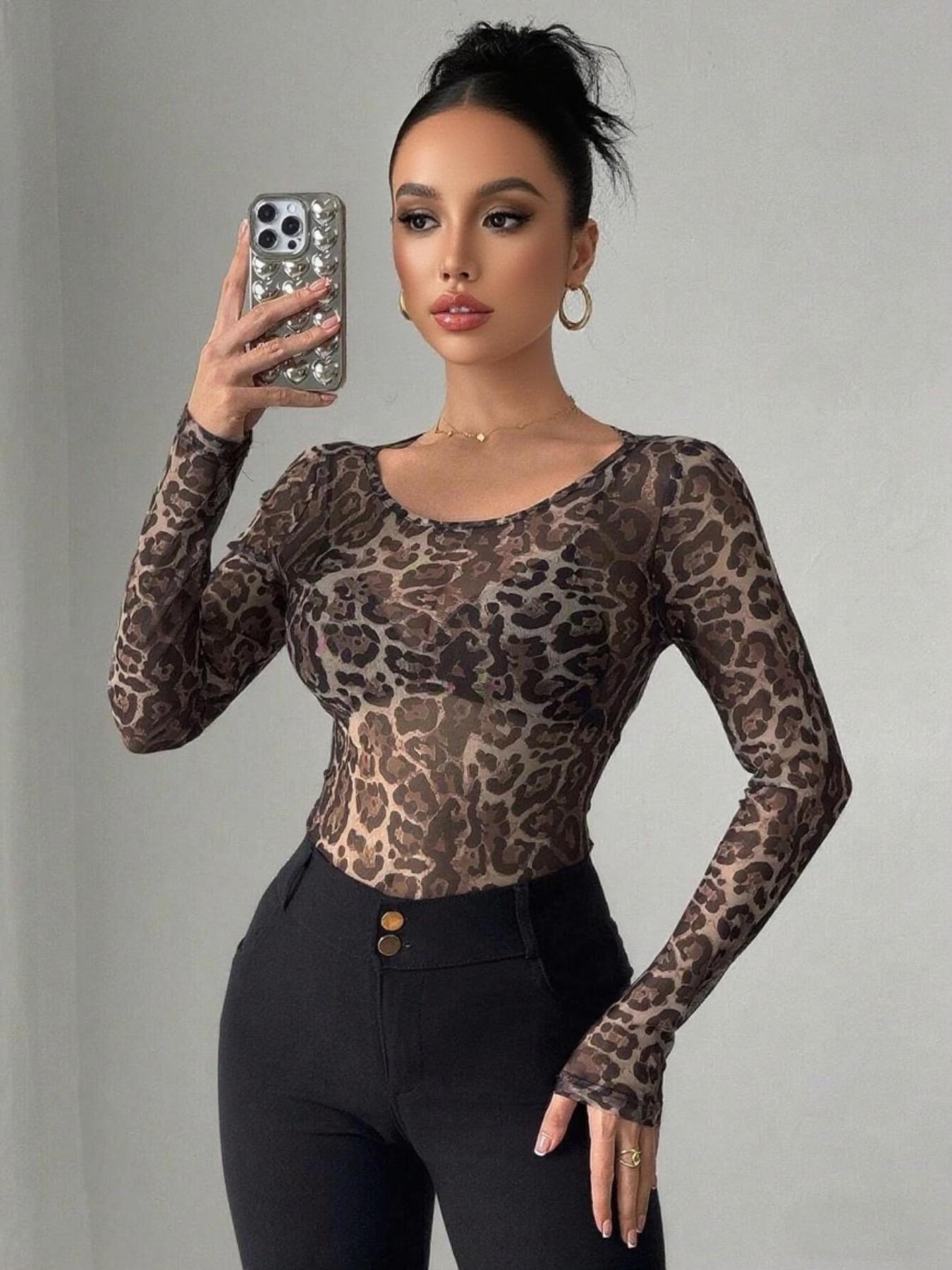 Women's Leopard Print Mesh Round Neck Long Sleeve Top, High Elasticity Fitted Shirt, Casual All-Season Wear, Multi-Purpose Base Layer