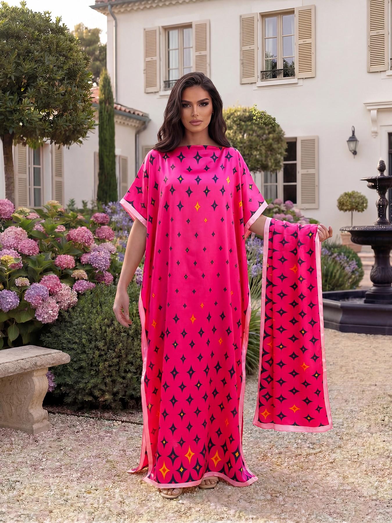 Elegant Geometric Print Shawl Set, Fitted Long Robe with Headscarf, Sun Protection Silk Scarf, Beachwear for Women, All Seasons, Swimsuit Coverup, Beach Cover Ups, Swimwear Cover Up