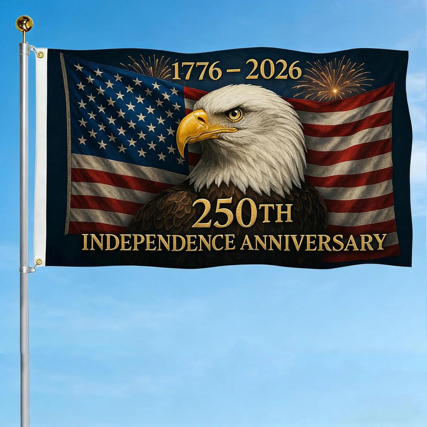 3x5ft Realistic Bald Eagle 250th Independence Anniversary Polyester Flag, American Flag Fireworks 1776‑2026 Banner, Heavy‑Duty Fade‑Proof Patriotic Flag for 250th US Independence & 4th of July Decor