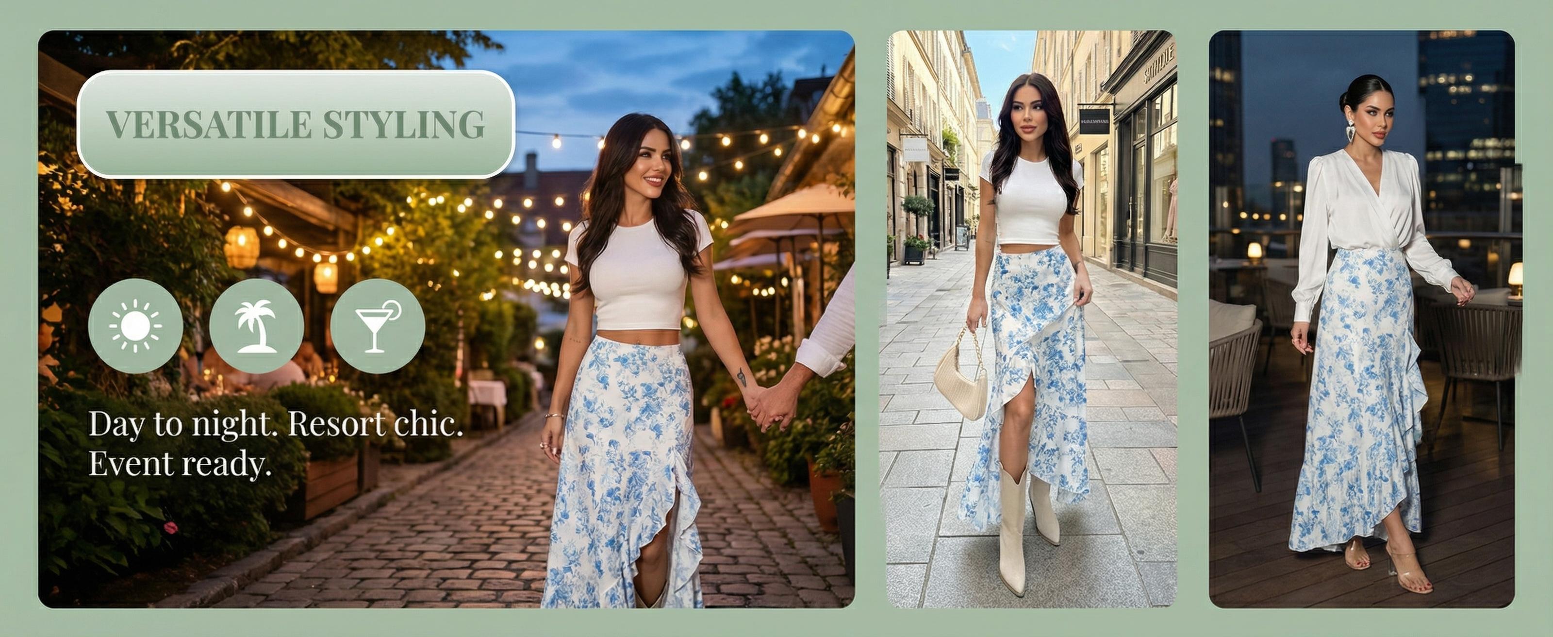 Bohemian Elegant Floral Print Irregular Ruffle A-Line Midi Skirt, Loose-Fitting Design for Garden Parties & Beach Vacations, Spring