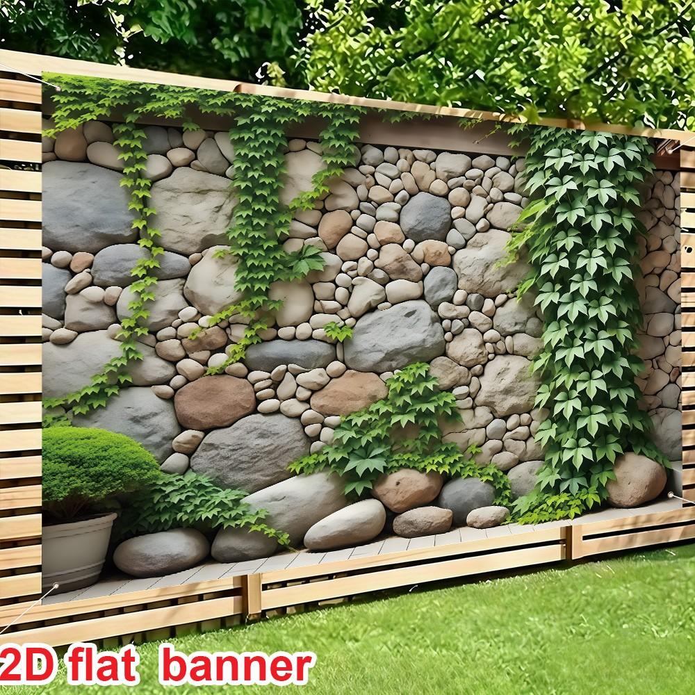 2D Banner, Realistic Stone Wall Plant Background Cloth, Outdoor Garden Courtyard Decoration, Durable Polyester Material, Easy to Hang