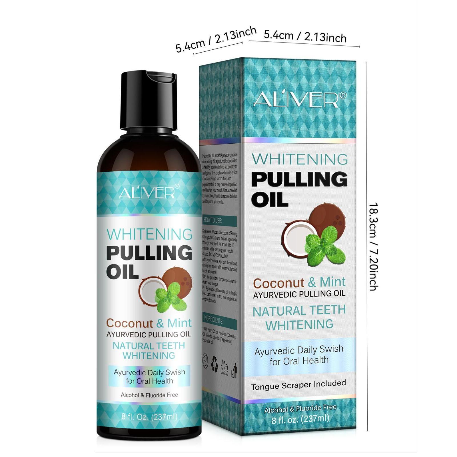 ALIVER 3-Piece Coconut Oil & Mint Mouthwash Set, including 237ml of Coconut Oil & Mint Mouthwash + 1 tongue scraper + 1 measuring cup. With a refreshing coconut oil and mint scent, it freshens breath, eliminates bad breath, and cleans teeth.
