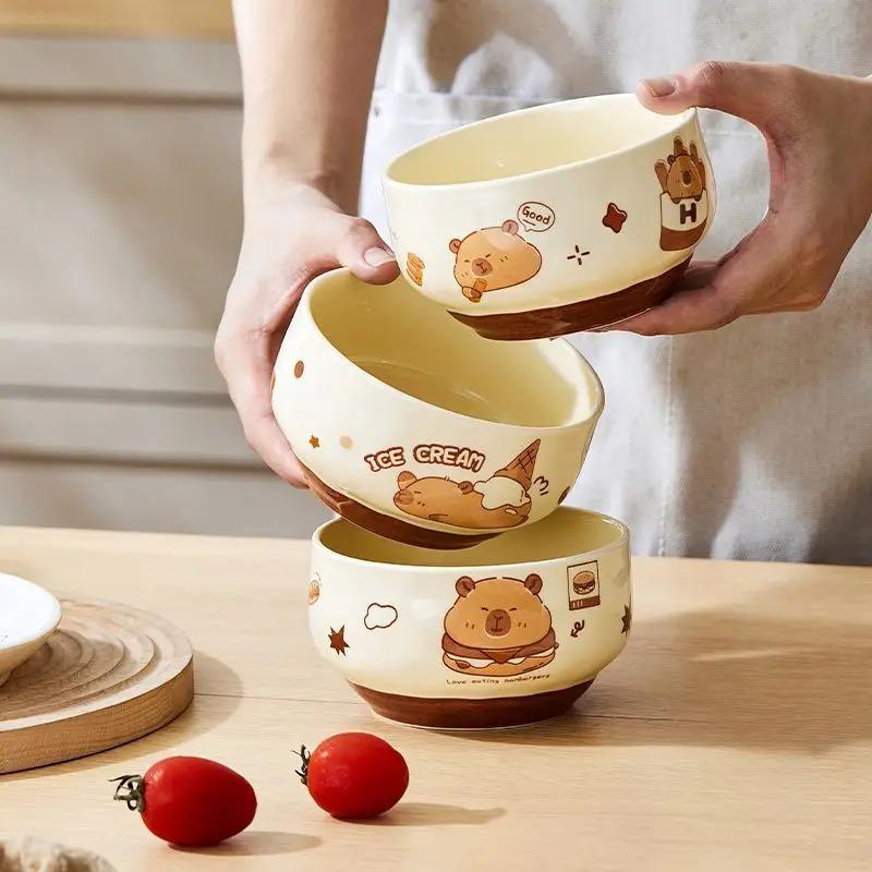 4 Pcs Cute Kapibala Ceramic Bowl Cartoon Anti-scald Soup Bowl Home Kitchen Noodle Ramen Tableware Bowl
