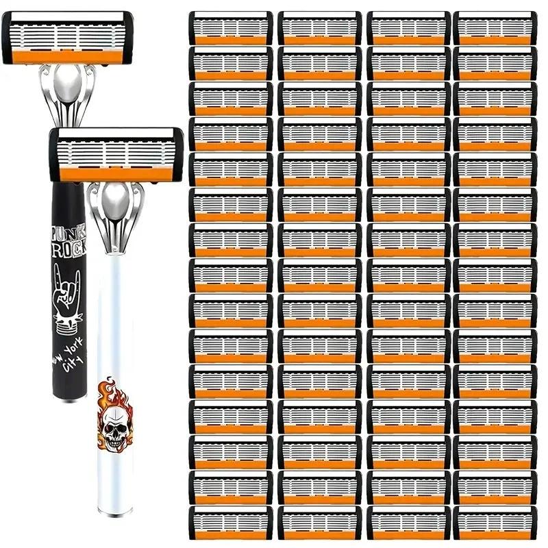 Men's Manual Shaving Razor Set with 2 Handles & 30/60 Replacement Blades, Razors Set, Precision Stainless Steel Blades, Advanced Shaving System