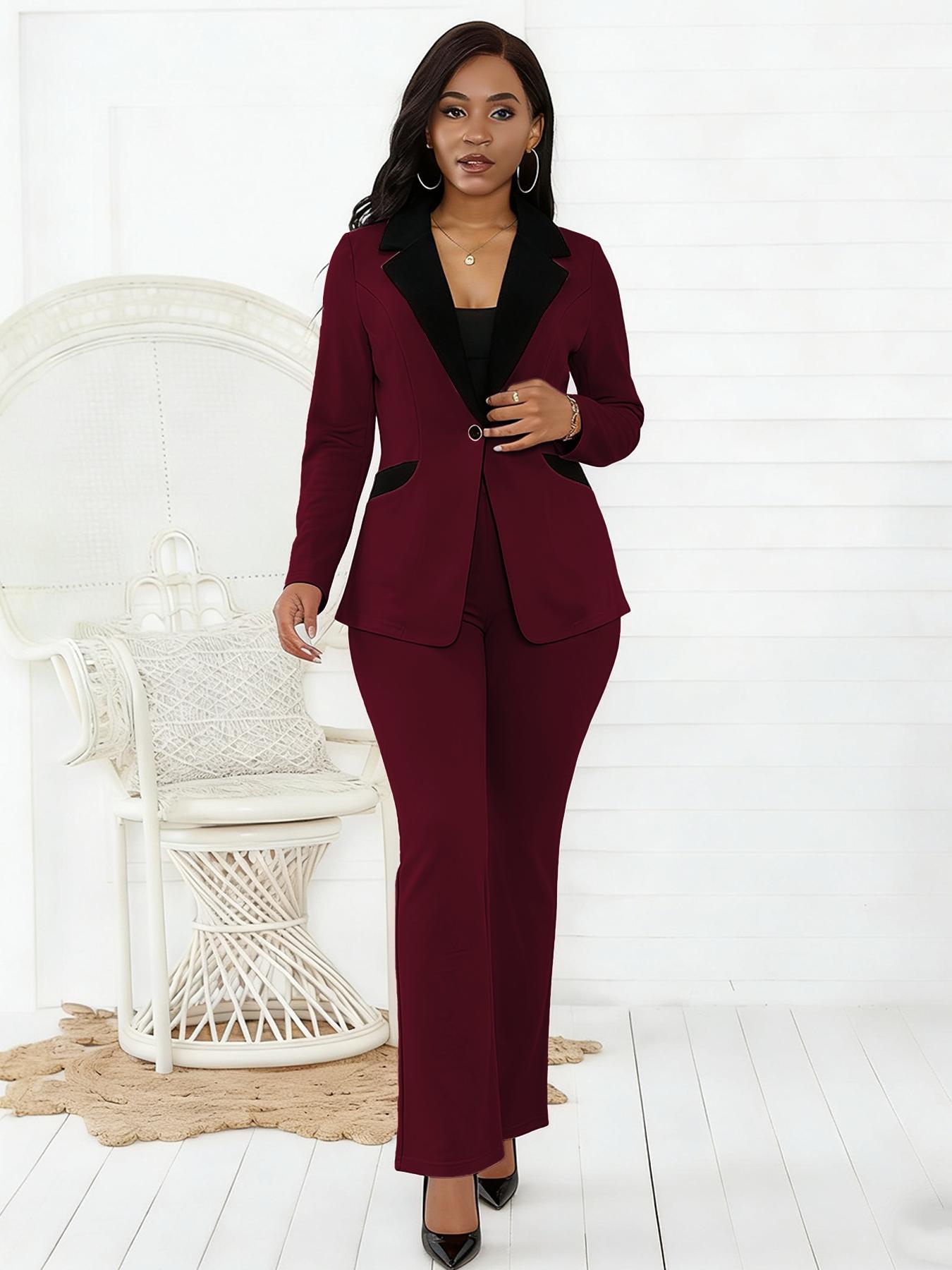 Business Style Spring Summer Trendy Women's Two-Piece Set, Colorblock Lapel Button Pocket Long Pants, Commuter Professional