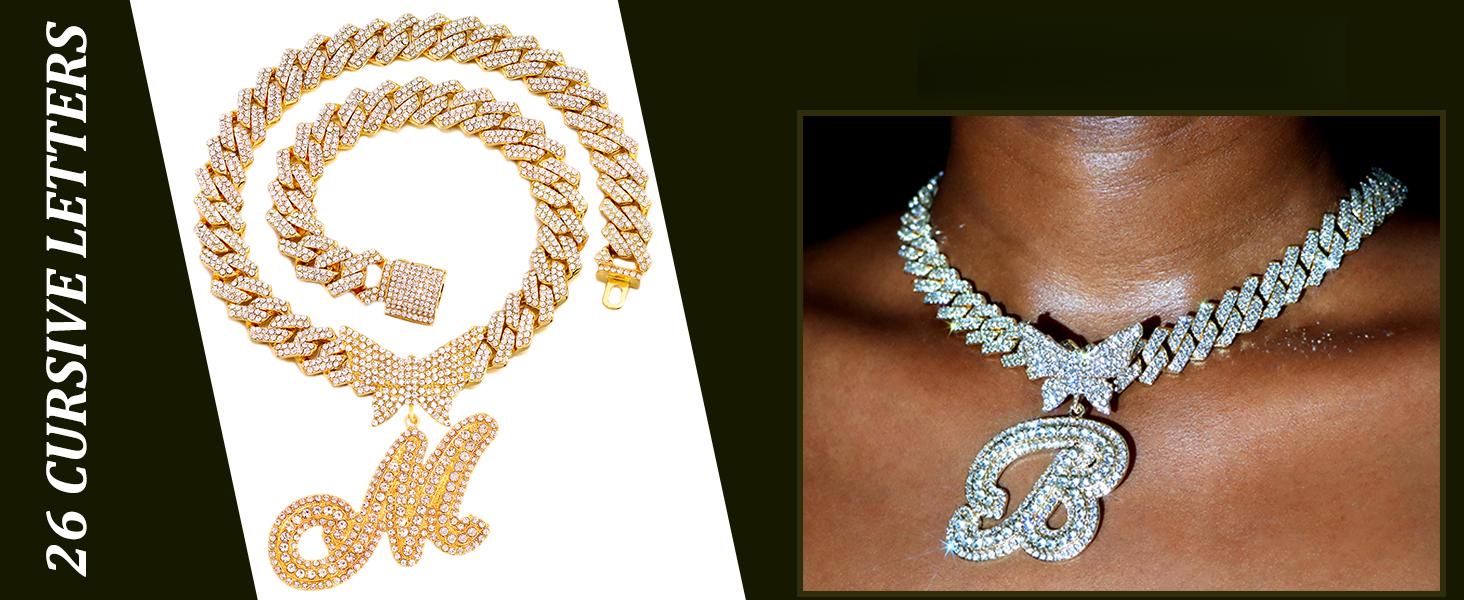 Cuban Link Chain for Women Cursive Silver Initial 14MM Diamond Prong Cuban Chain Hip Hop Iced Out Chain Necklace Butterfly Initial Letter Name Necklaces for Women