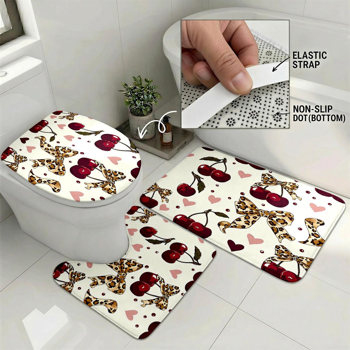 4pcs Shower Curtain Set with Cherries, Leopard Bows, Hearts, Bathroom Decor, Valentine's Day Theme, Romantic Bathroom Style