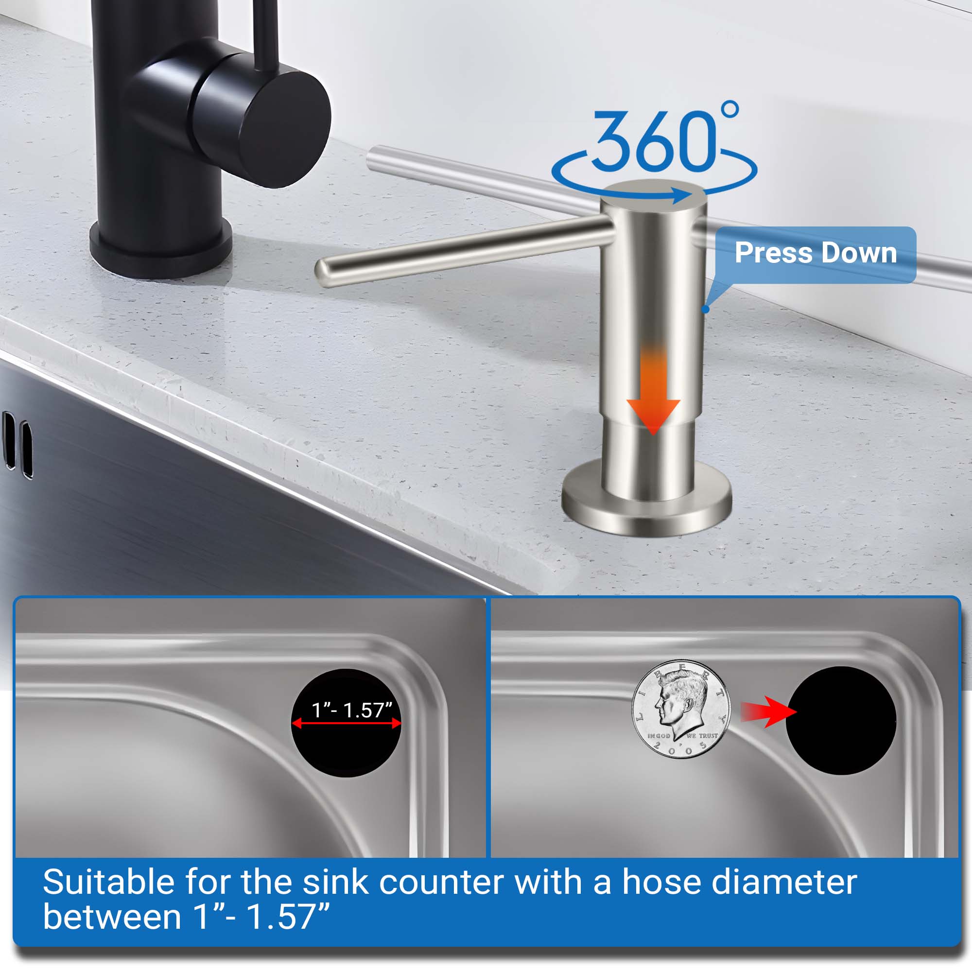 Yofidra Soap Dispenser for Kitchen Sink, Brushed Nickel Stainless Steel, 47” Tube Kit, Kitchen Bathroom Counter Space Available - Home Goods Bottle Black Colour