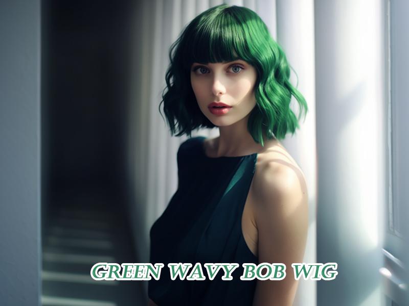 BESTUNG Short Green Wigs for Women Green Wavy Bob Wig with Bangs Medium Length Synthetic Hair Water Wave Dark Roots Wig Gray Colorful Wigs（12inch）