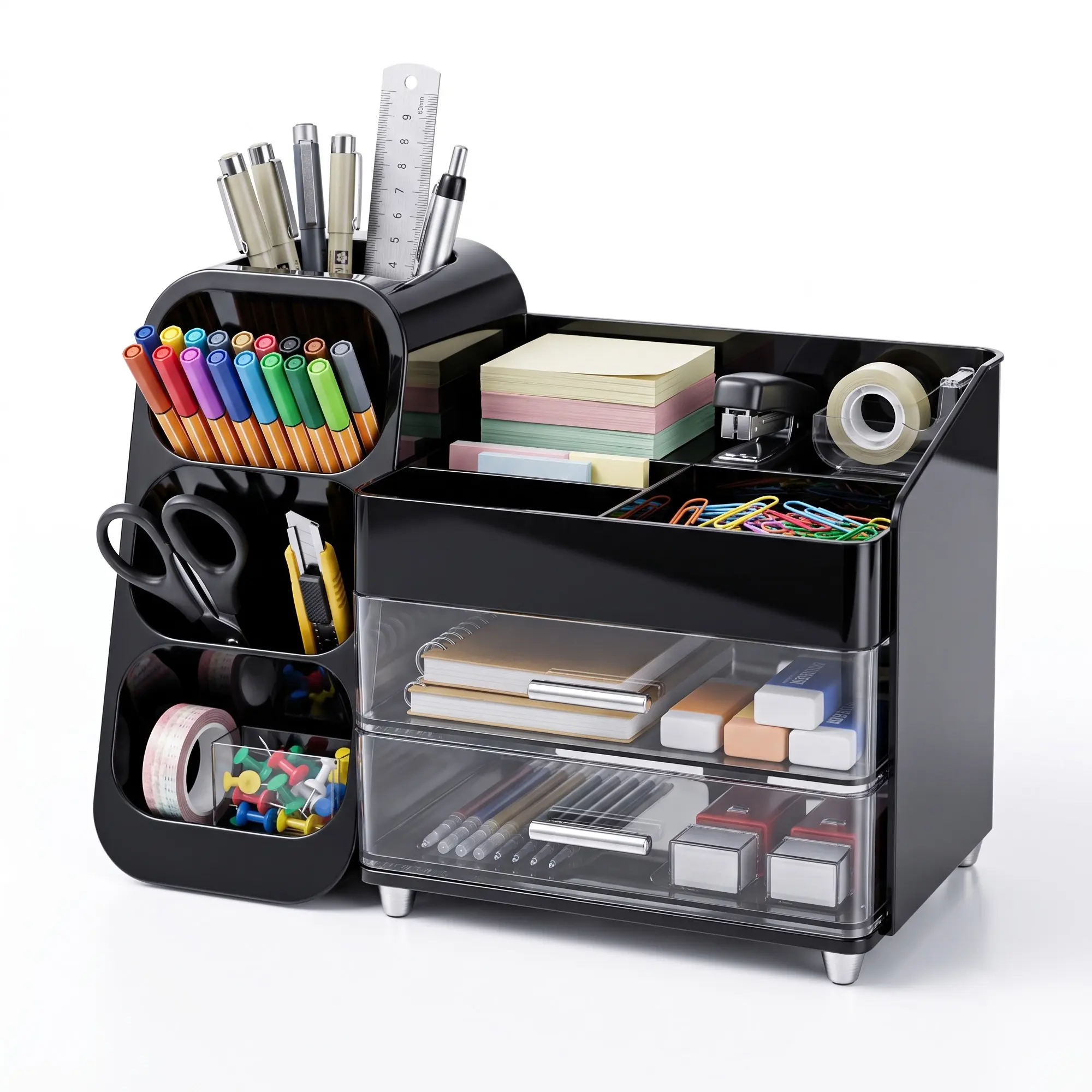Gaomon Compact Plastic Desk Organizer with Pen Holder, Drawers, Office Accessories for Desktop Storage