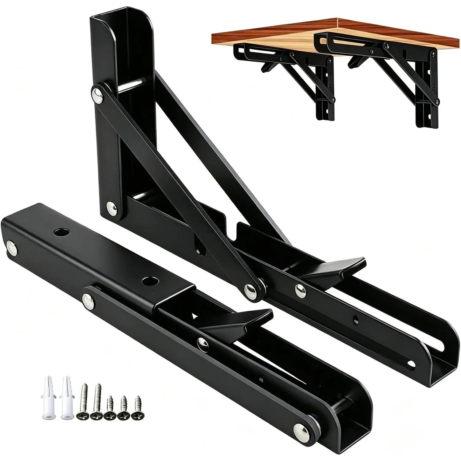 2 Pack 7.67 Inch Folding Shelf Brackets Collapsible Wall Mounted Brackets for Fold Down Table, Stainless Steel Folding Table Hinge (Black)
